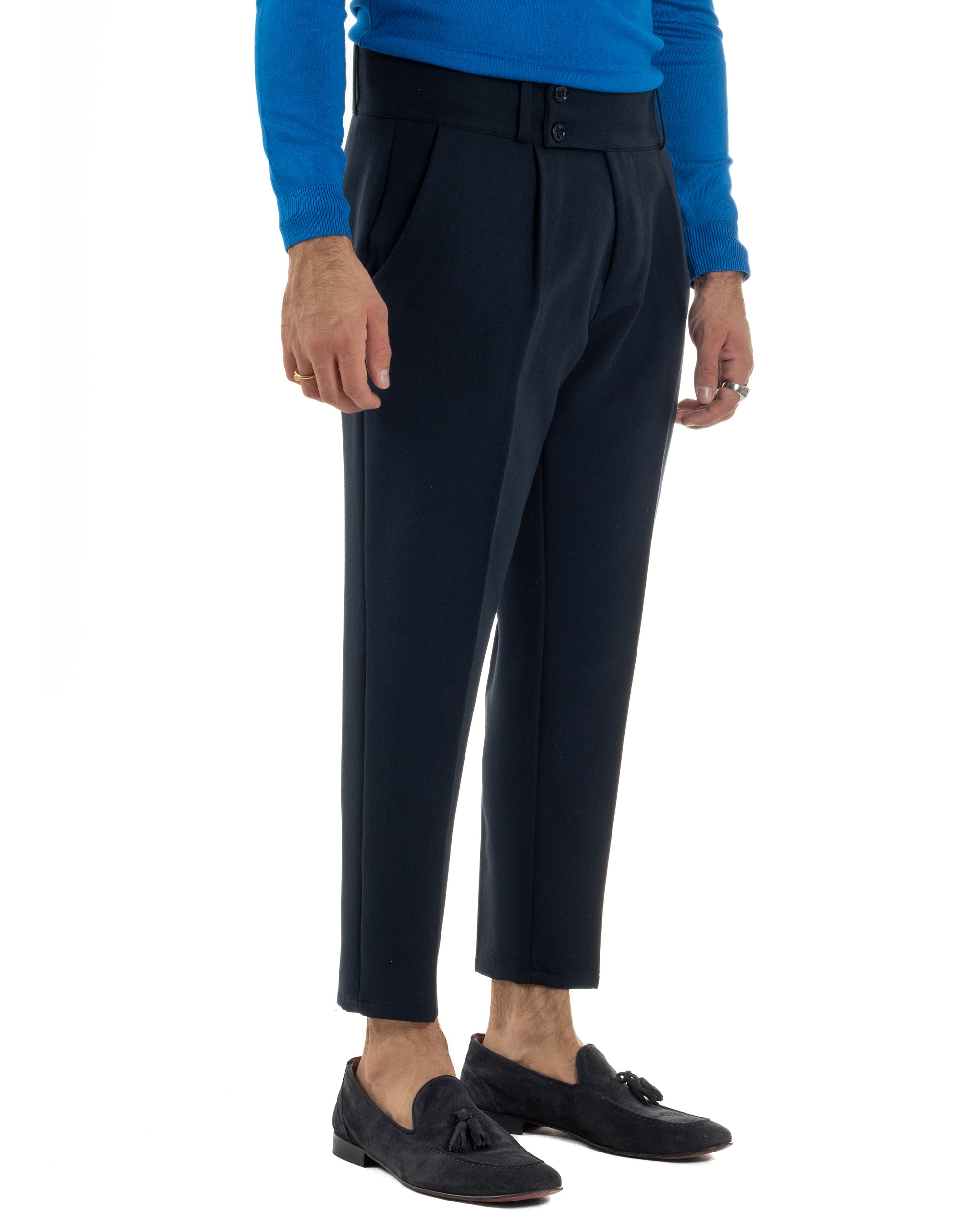 Pantaloni Uomo Viscosa Vita Alta Con Pinces Classico Casual Blu P6373A
