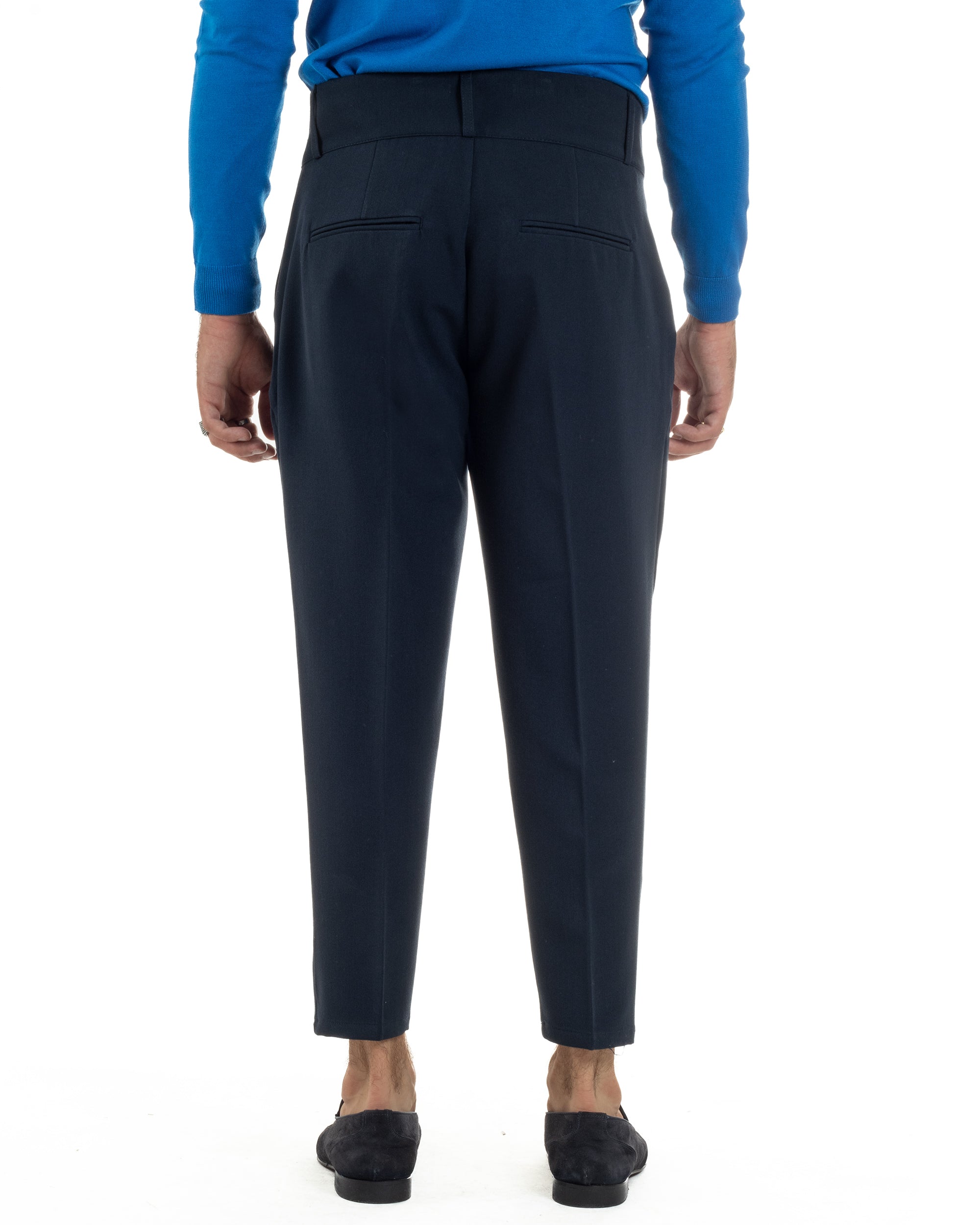 Pantaloni Uomo Viscosa Vita Alta Con Pinces Classico Casual Blu P6373A