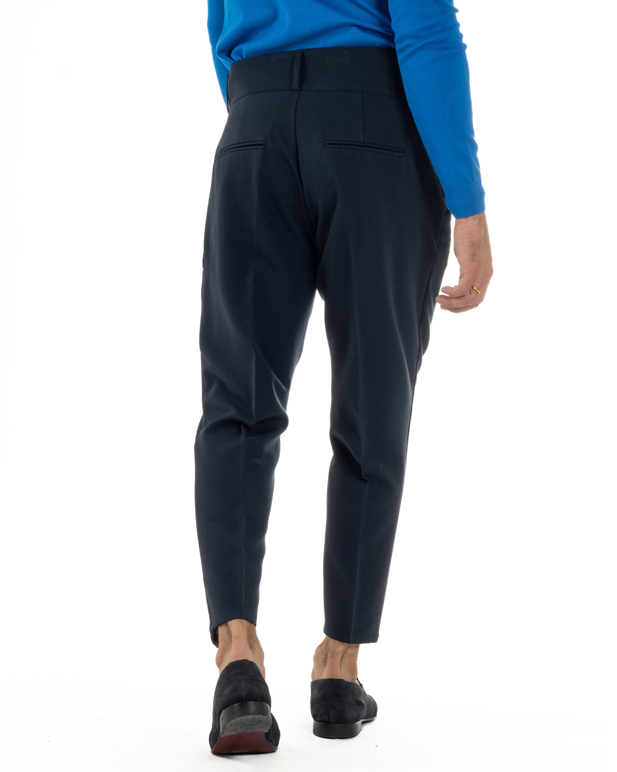 Pantaloni Uomo Viscosa Vita Alta Con Pinces Classico Casual Blu P6373A
