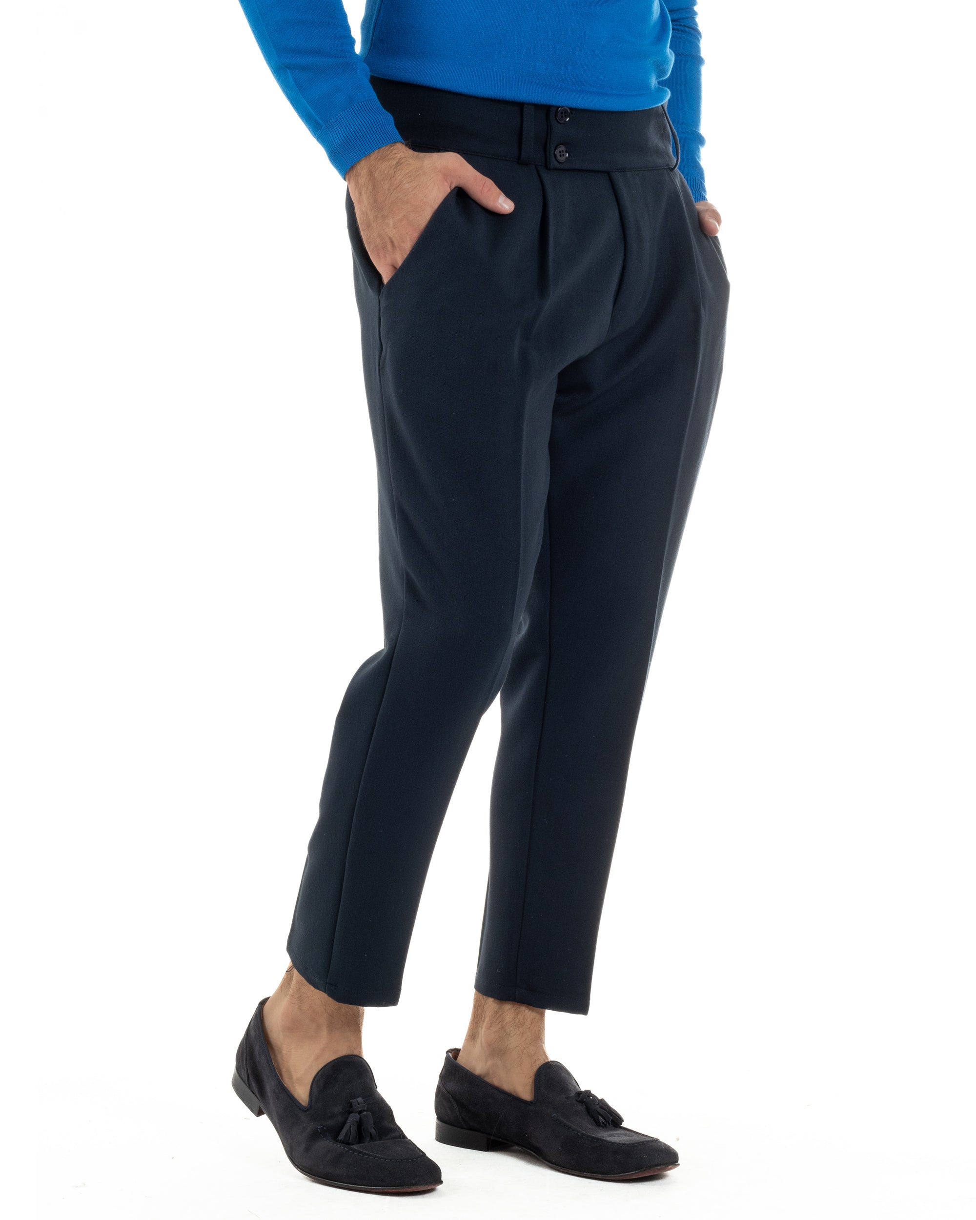 Pantaloni Uomo Viscosa Vita Alta Con Pinces Classico Casual Blu P6373A