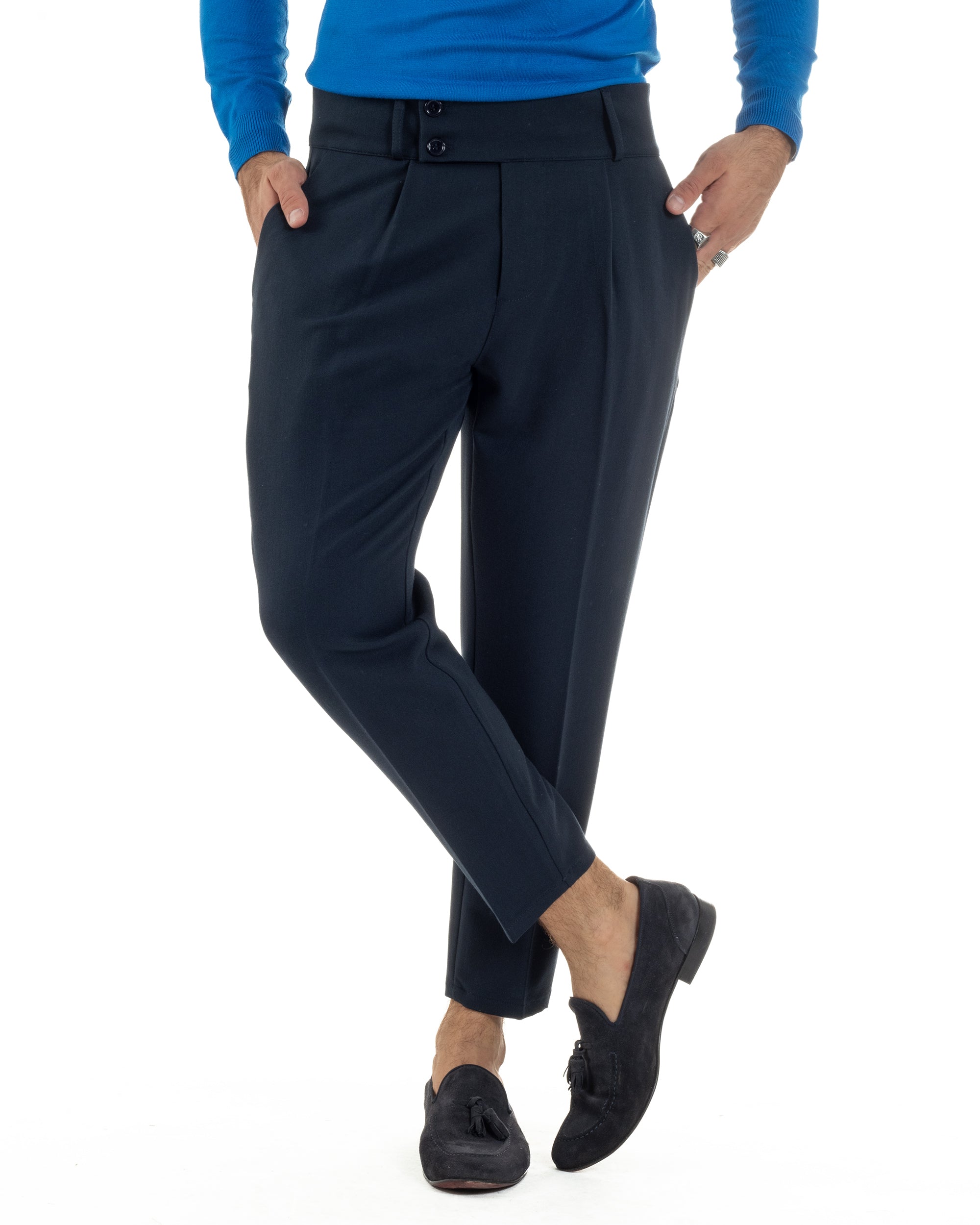 Pantaloni Uomo Viscosa Vita Alta Con Pinces Classico Casual Blu P6373A
