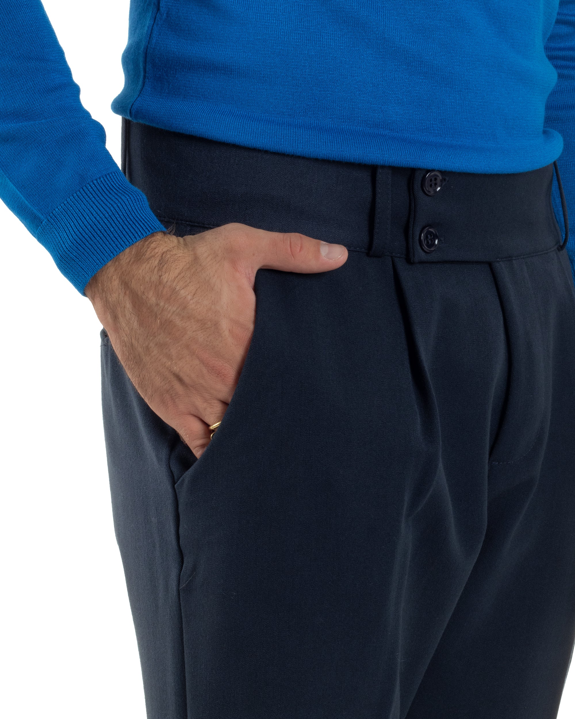 Pantaloni Uomo Viscosa Vita Alta Con Pinces Classico Casual Blu P6373A