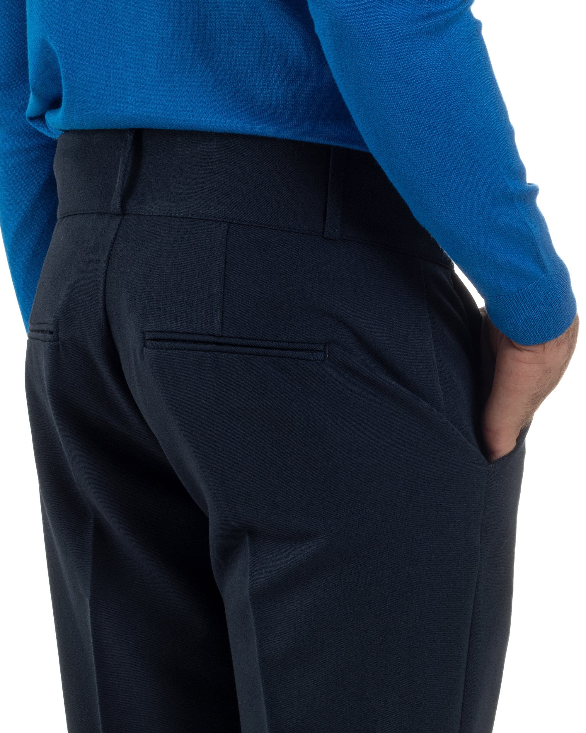 Pantaloni Uomo Viscosa Vita Alta Con Pinces Classico Casual Blu P6373A