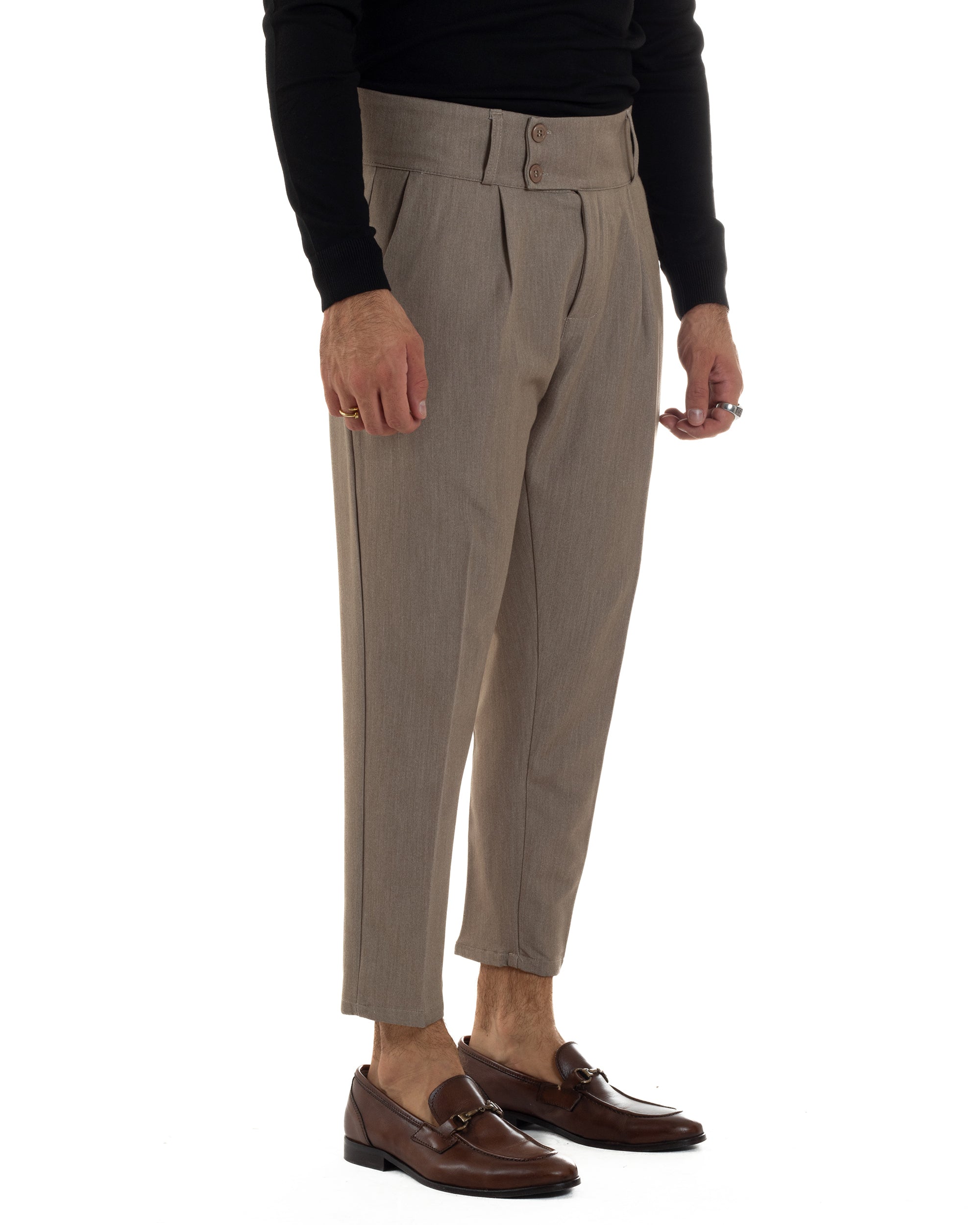 Pantaloni Uomo Viscosa Vita Alta Con Pinces Classico Casual Beige Melangiato P6374A