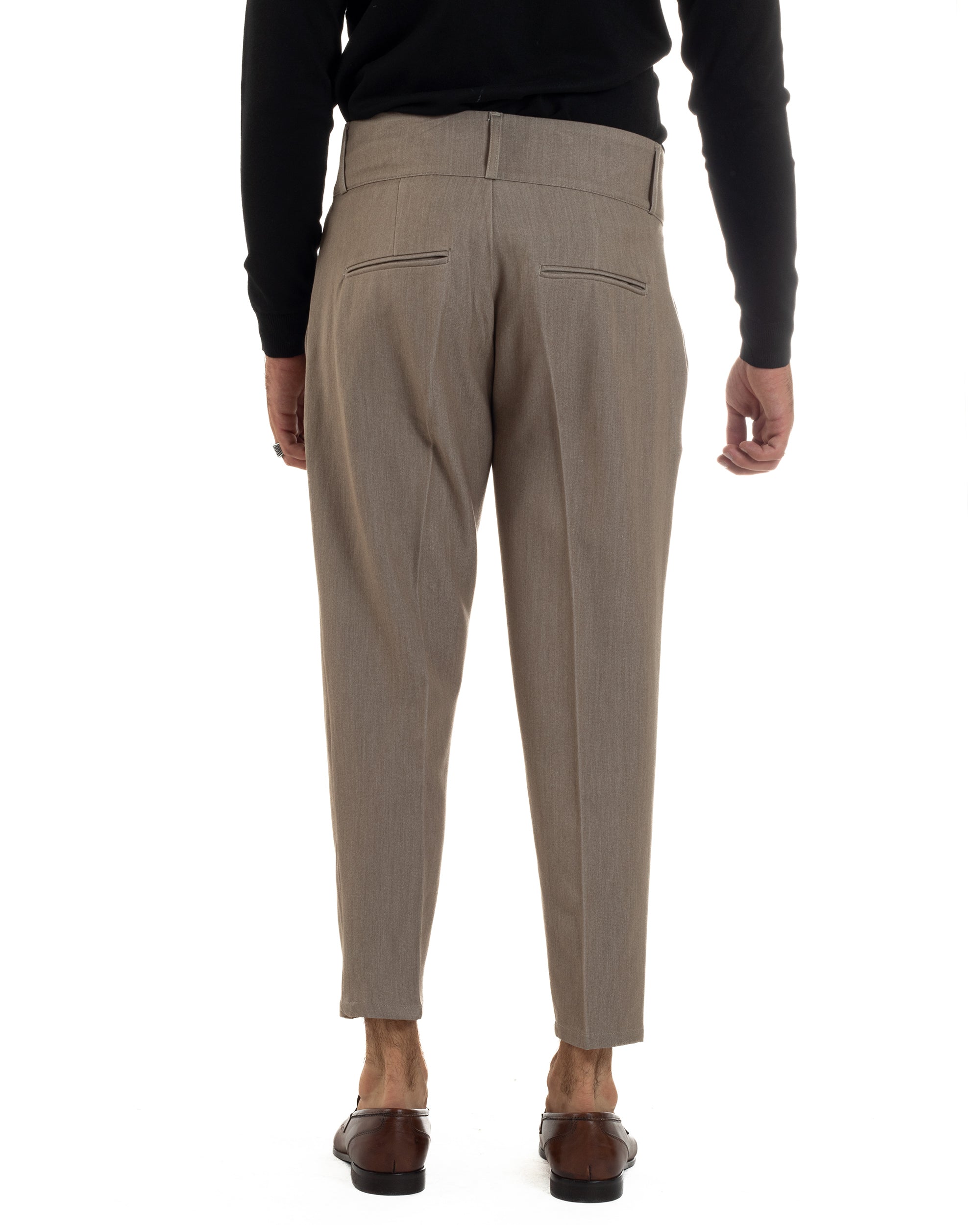 Pantaloni Uomo Viscosa Vita Alta Con Pinces Classico Casual Beige Melangiato P6374A