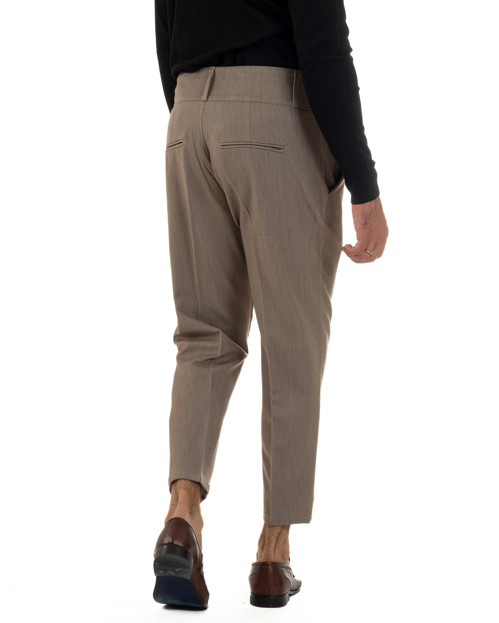 Pantaloni Uomo Viscosa Vita Alta Con Pinces Classico Casual Beige Melangiato P6374A