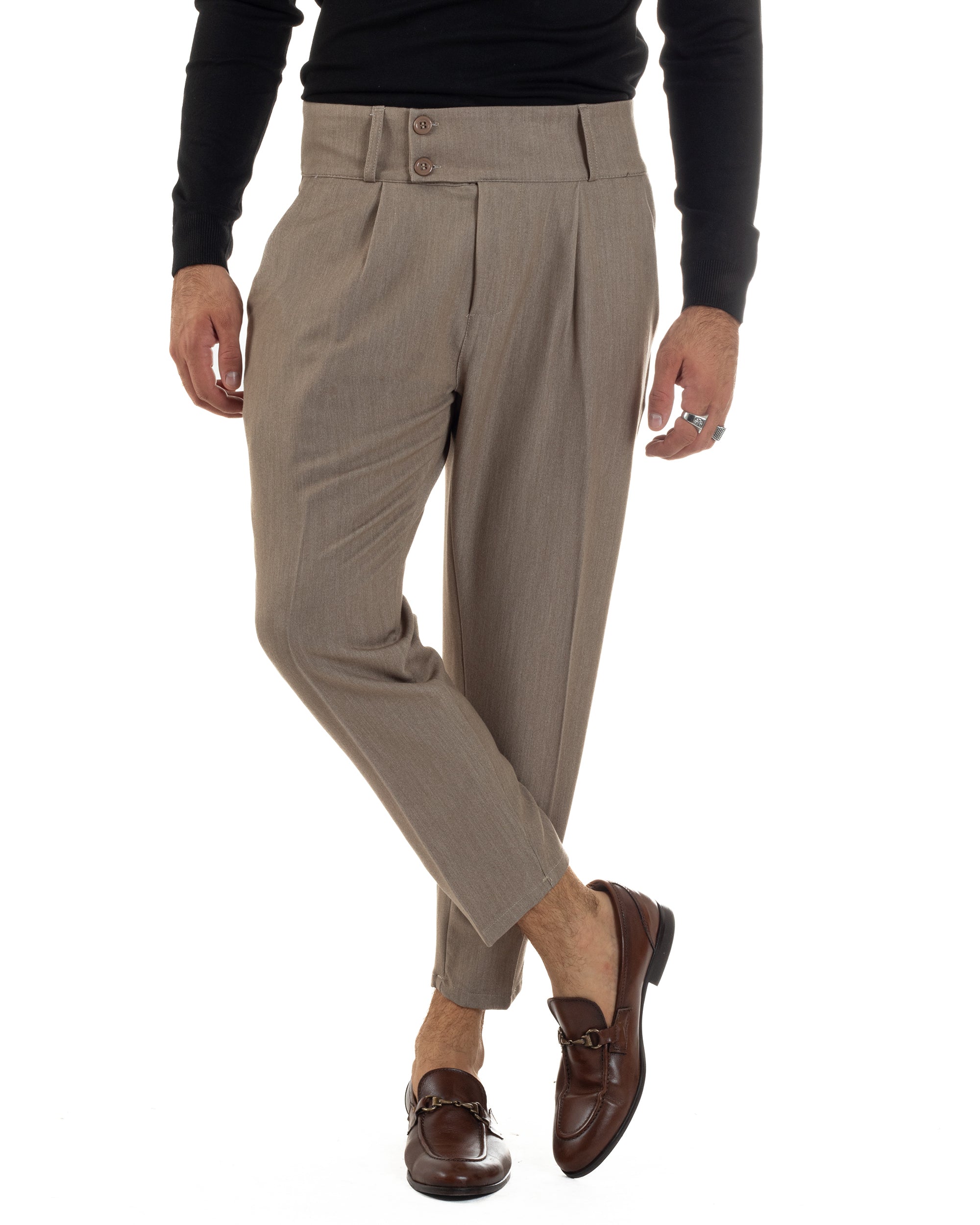 Pantaloni Uomo Viscosa Vita Alta Con Pinces Classico Casual Beige Melangiato P6374A