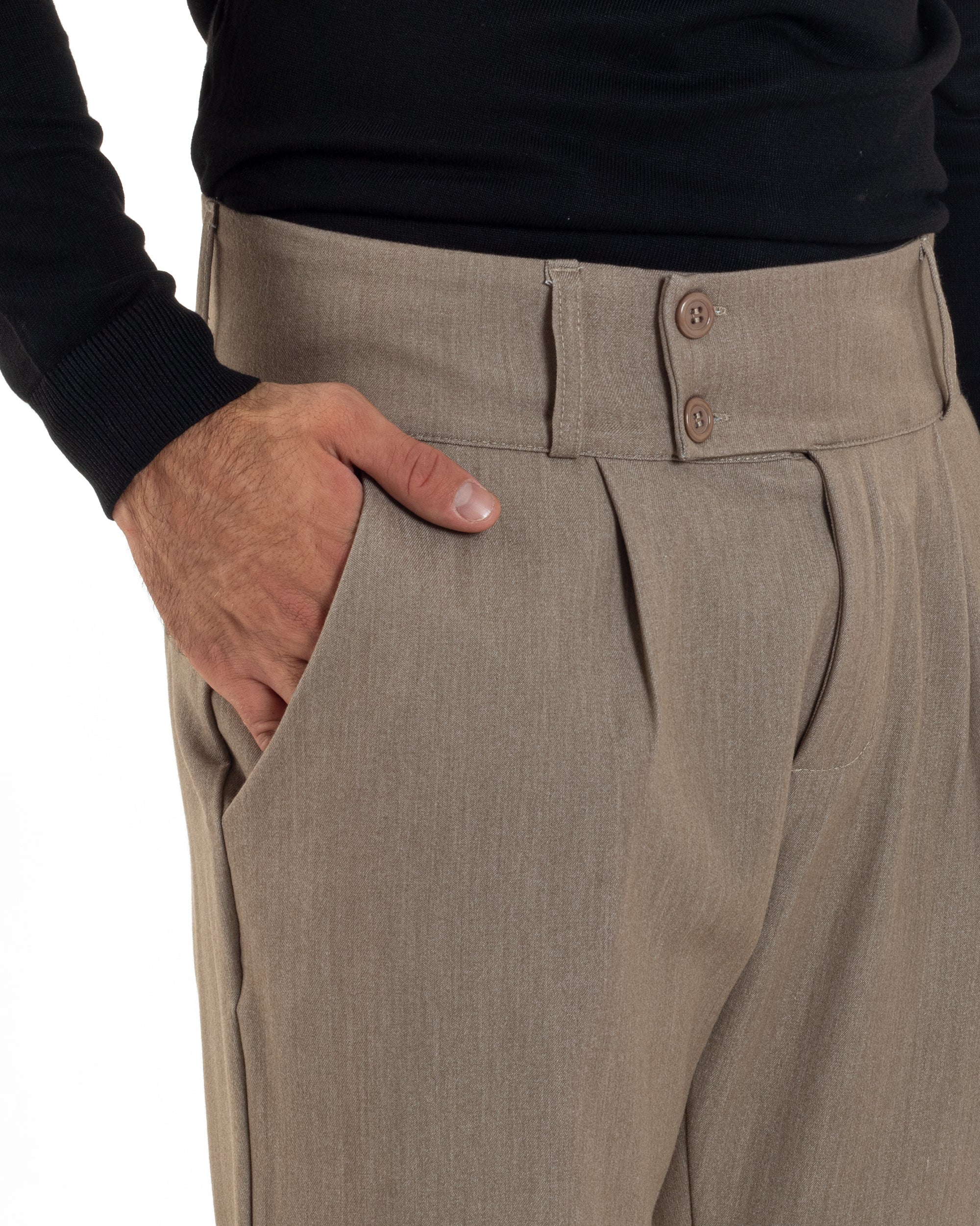 Pantaloni Uomo Viscosa Vita Alta Con Pinces Classico Casual Beige Melangiato P6374A