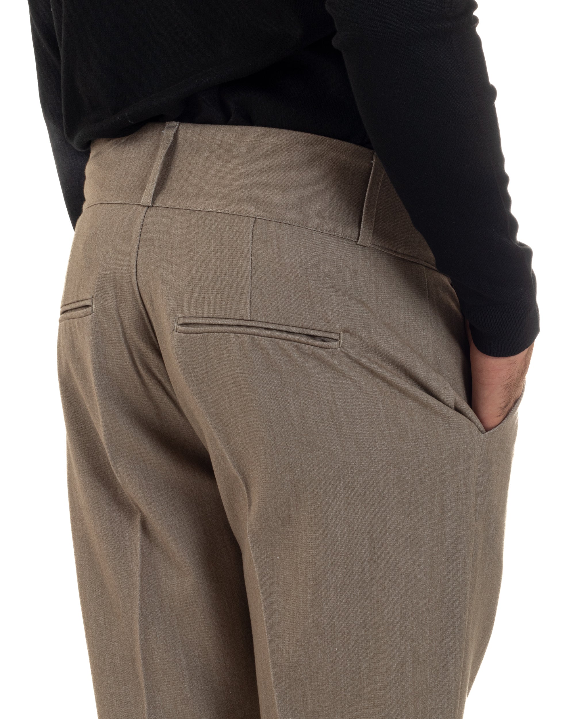 Pantaloni Uomo Viscosa Vita Alta Con Pinces Classico Casual Beige Melangiato P6374A