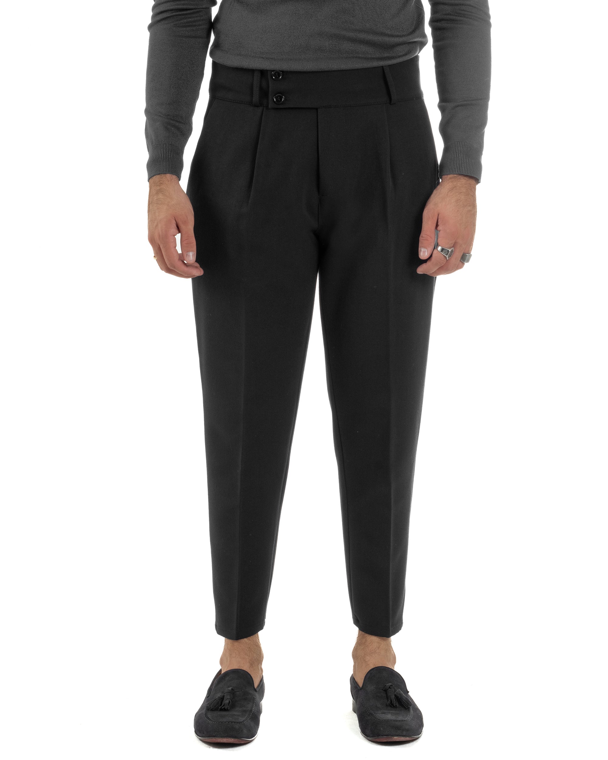 Pantaloni Uomo Viscosa Vita Alta Con Pinces Classico Casual Nero P6375A