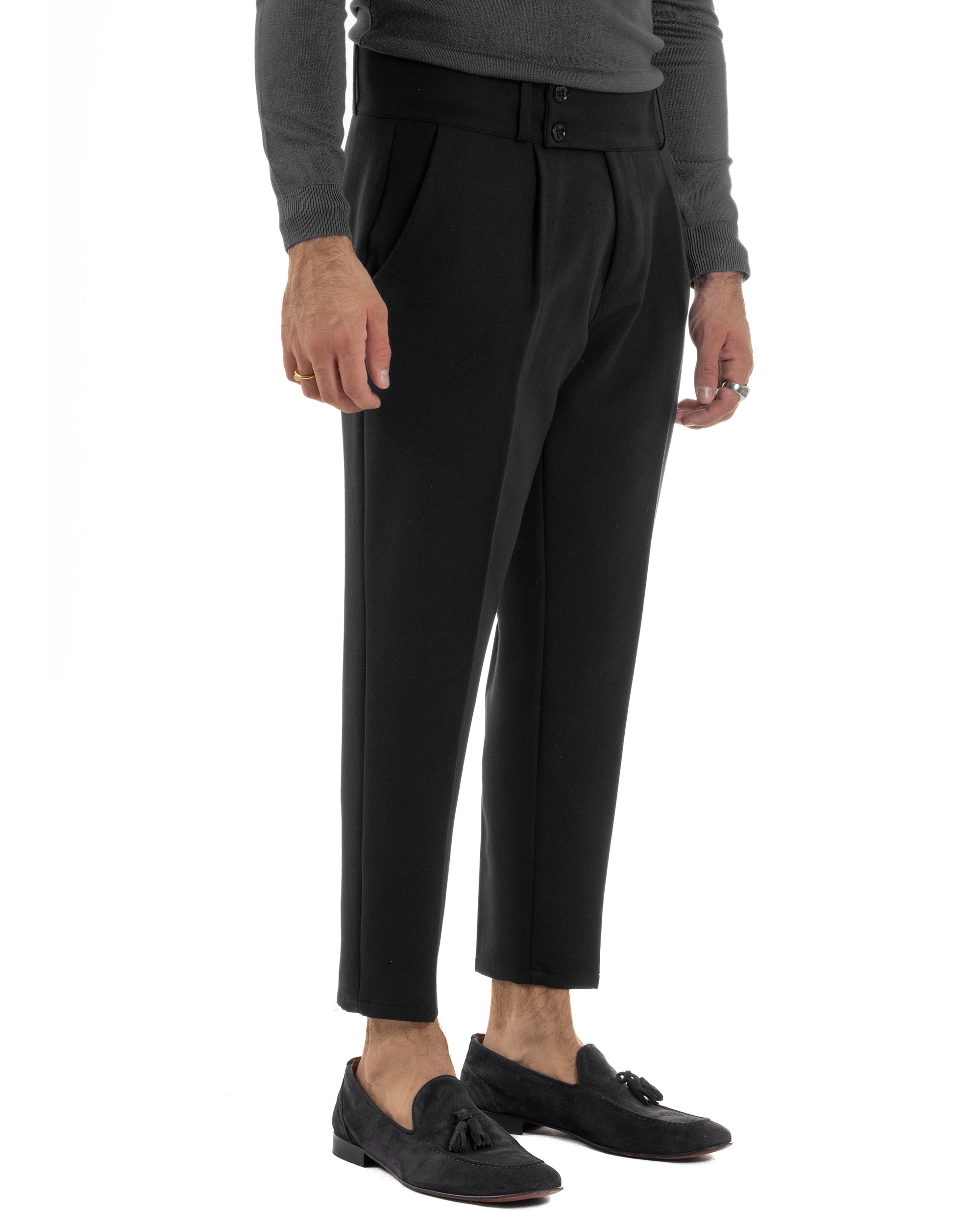 Pantaloni Uomo Viscosa Vita Alta Con Pinces Classico Casual Nero P6375A