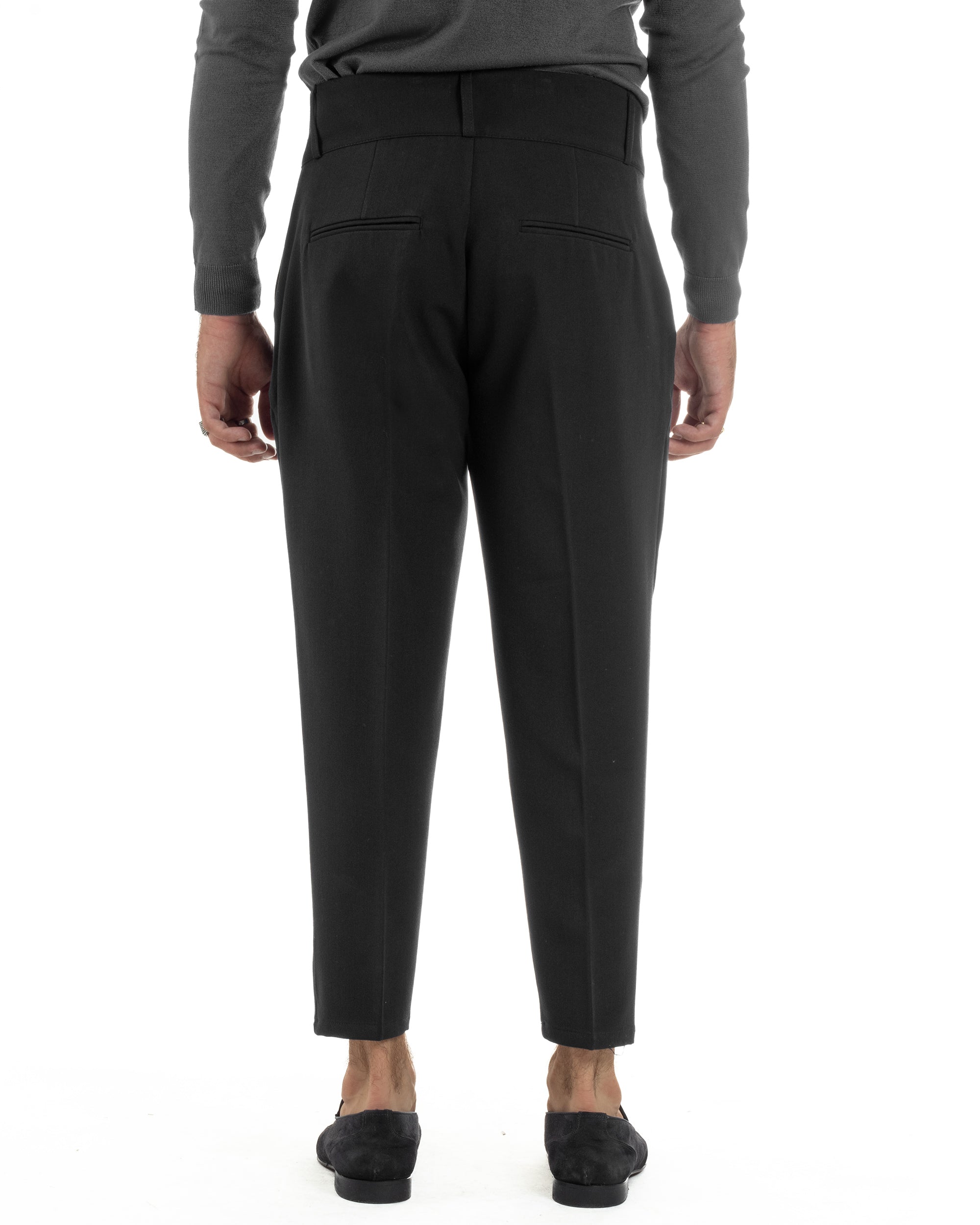 Pantaloni Uomo Viscosa Vita Alta Con Pinces Classico Casual Nero P6375A