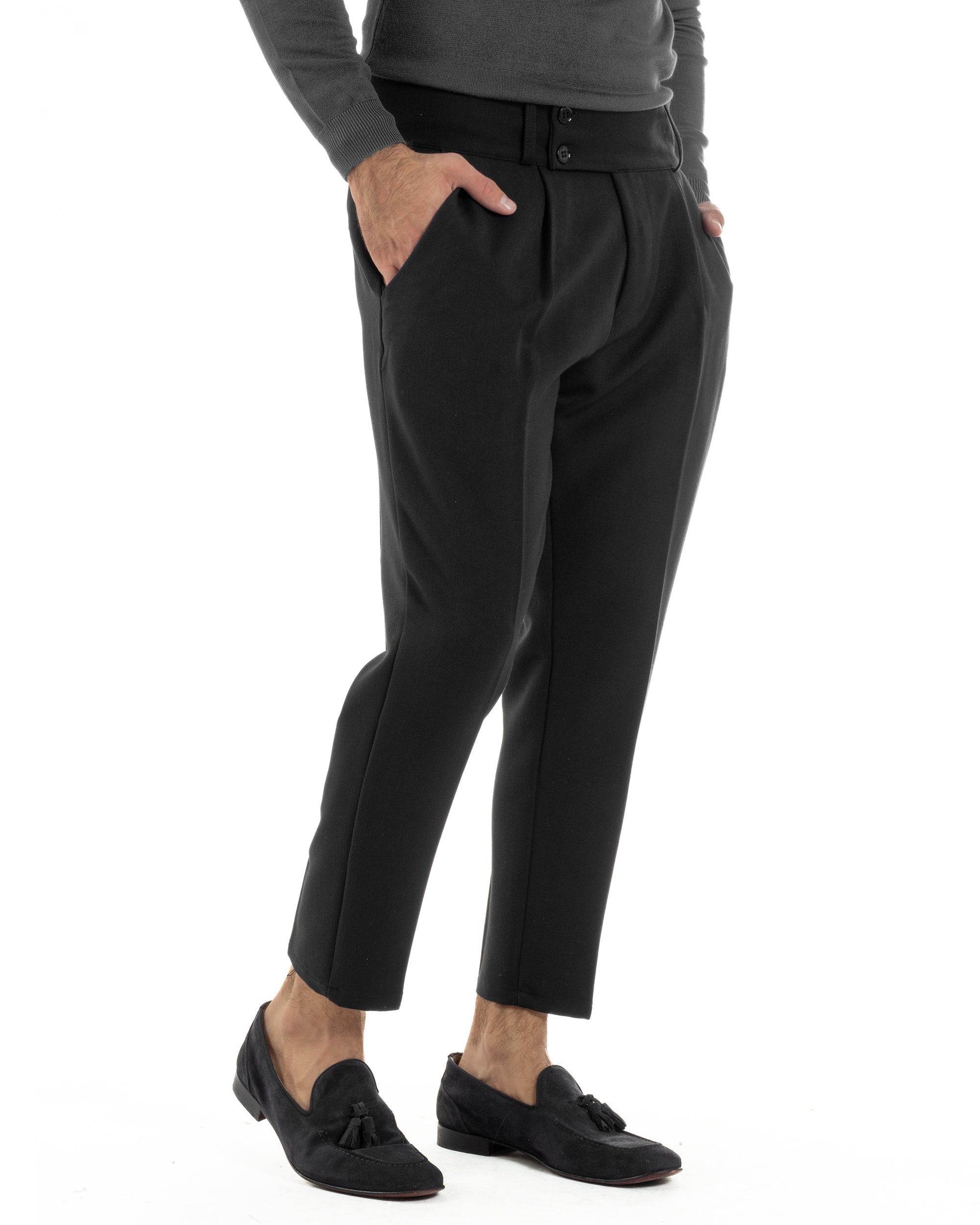 Pantaloni Uomo Viscosa Vita Alta Con Pinces Classico Casual Nero P6375A