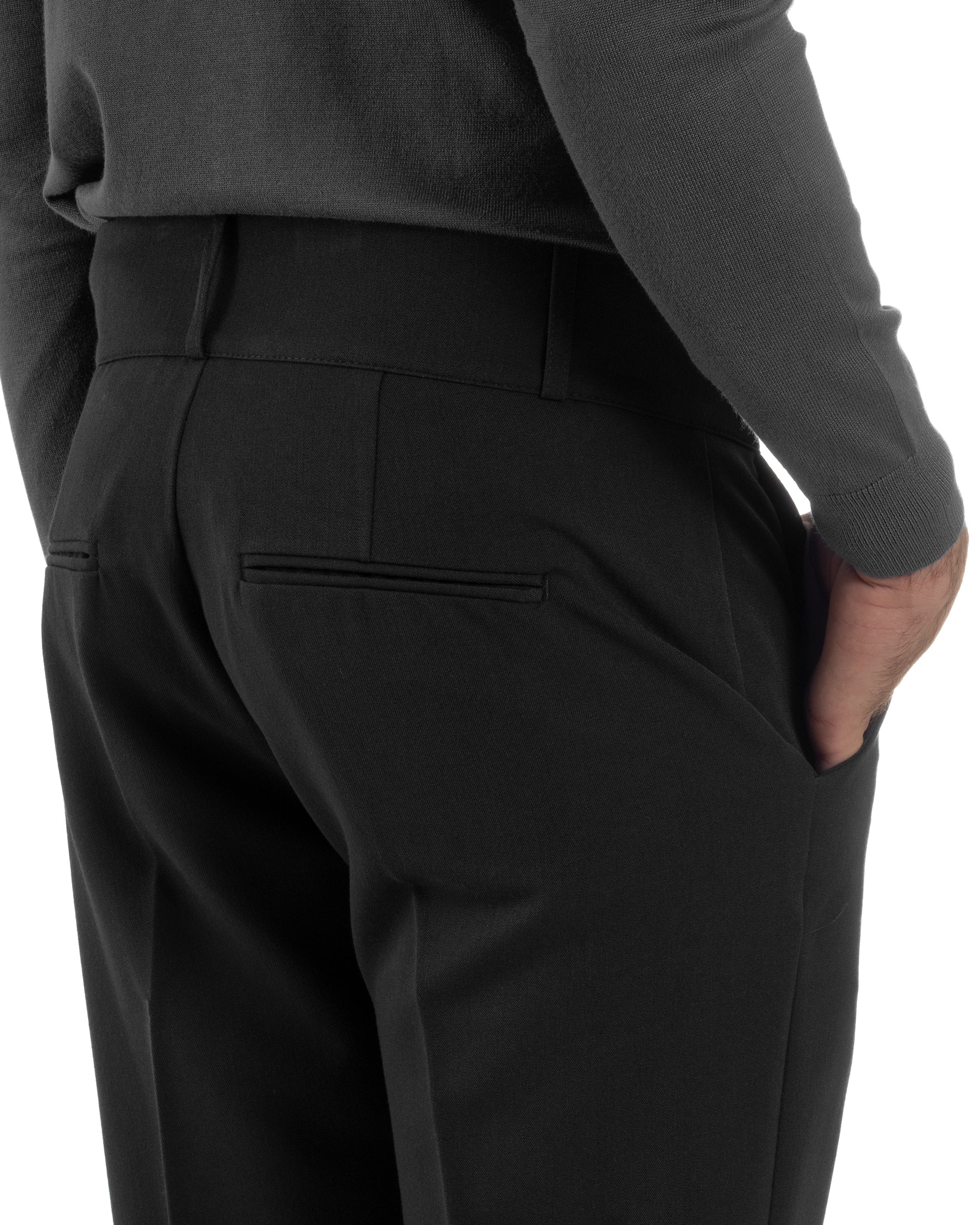 Pantaloni Uomo Viscosa Vita Alta Con Pinces Classico Casual Nero P6375A