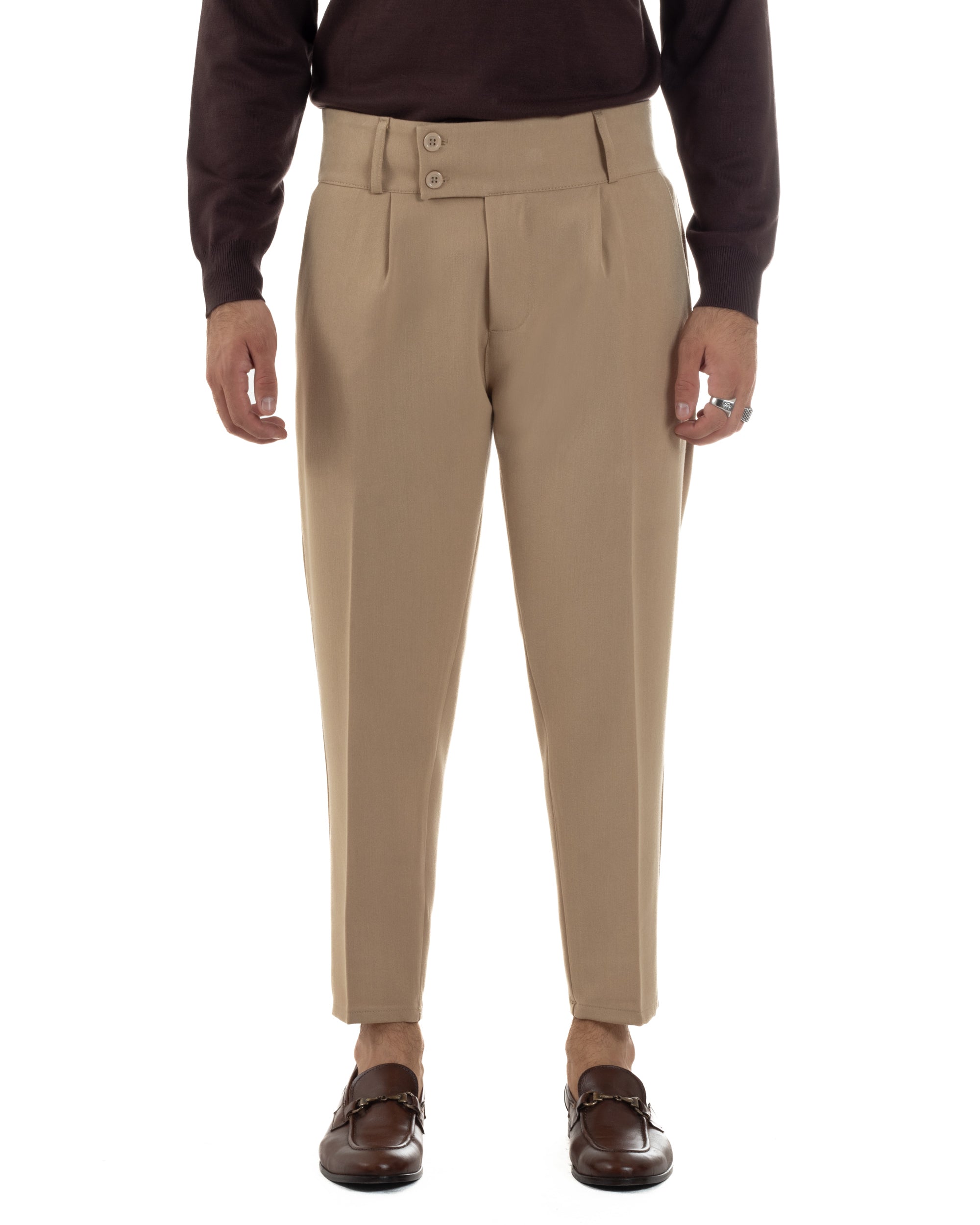 Pantaloni Uomo Viscosa Vita Alta Con Pinces Classico Casual Beige P6376A