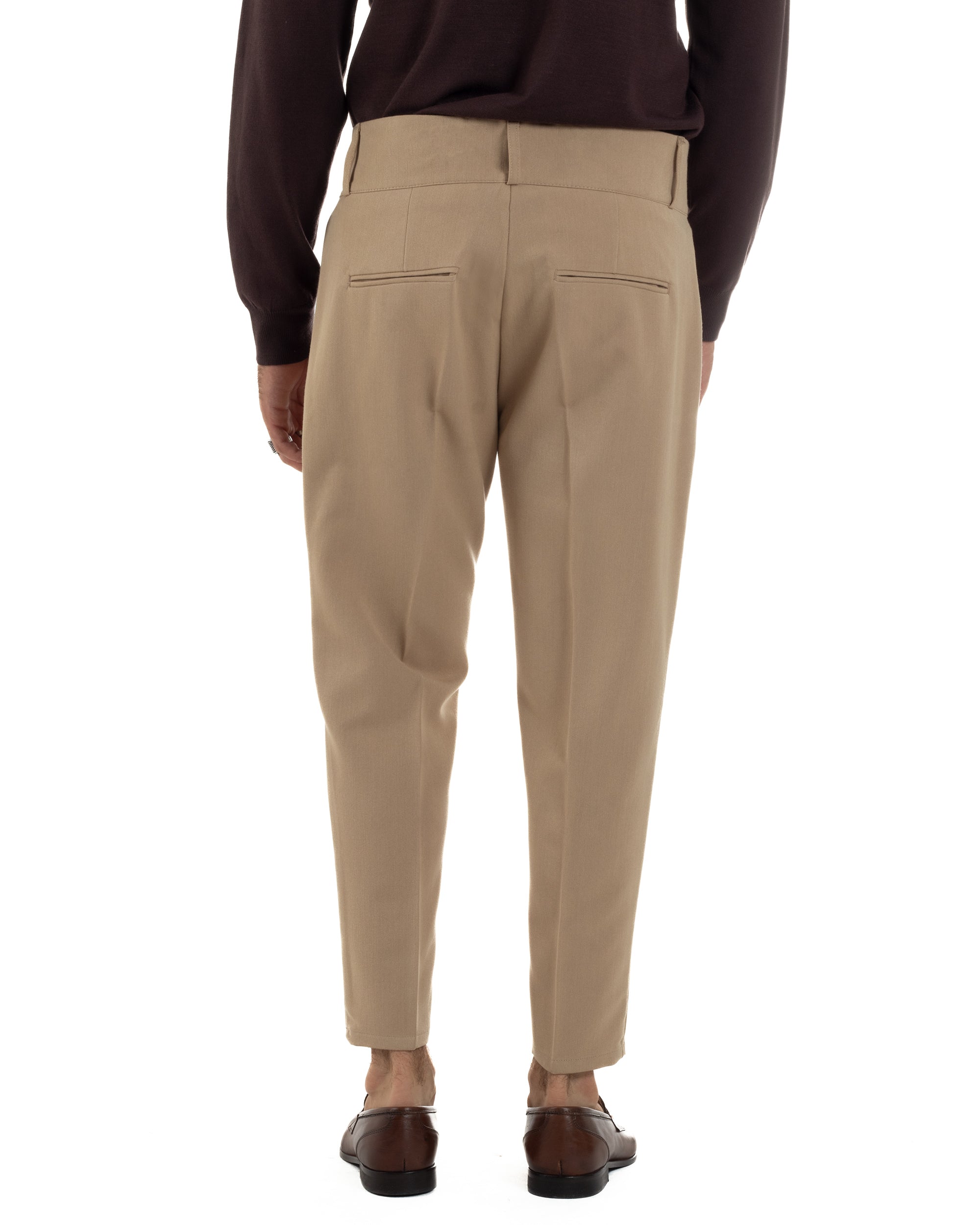 Pantaloni Uomo Viscosa Vita Alta Con Pinces Classico Casual Beige P6376A