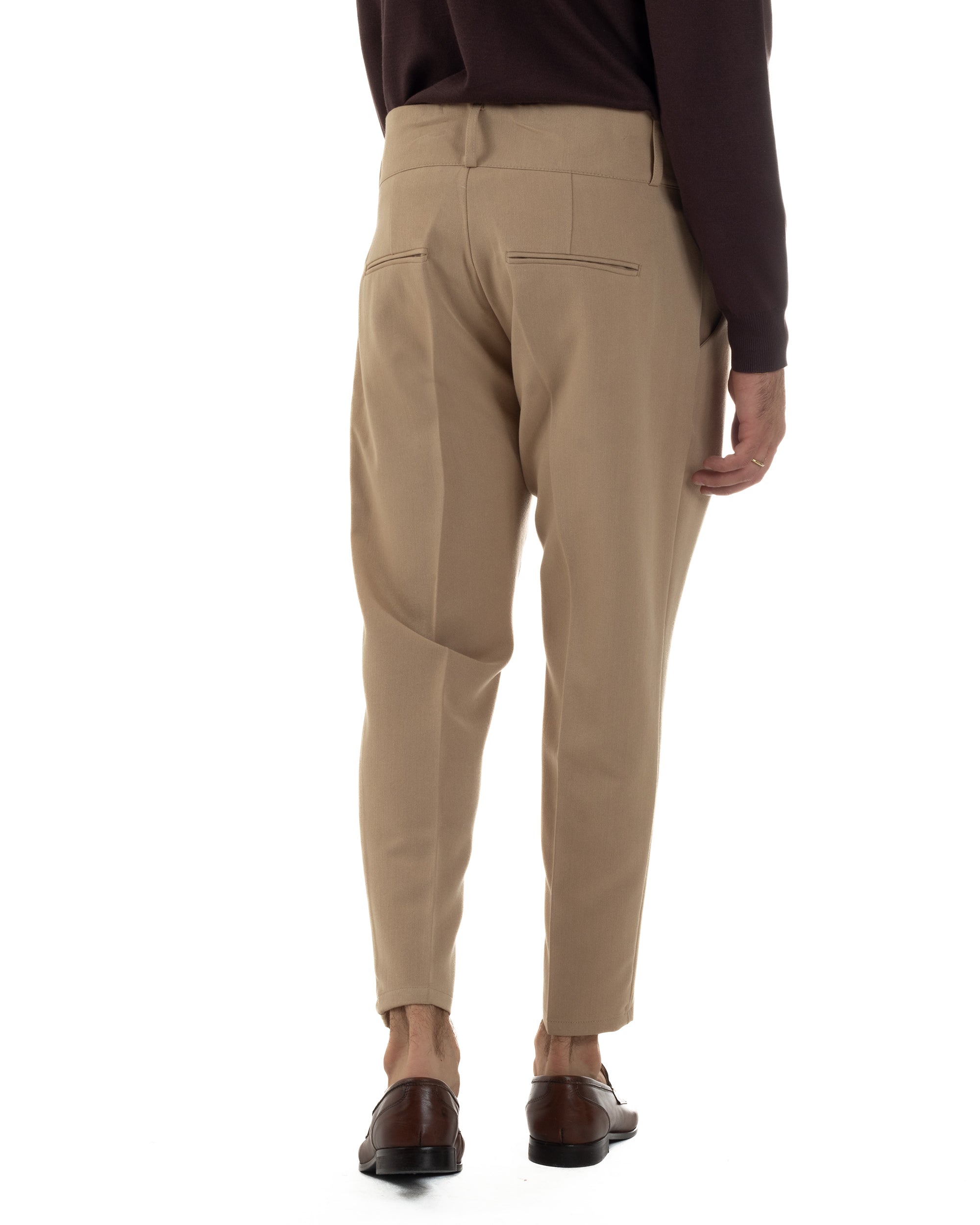 Pantaloni Uomo Viscosa Vita Alta Con Pinces Classico Casual Beige P6376A