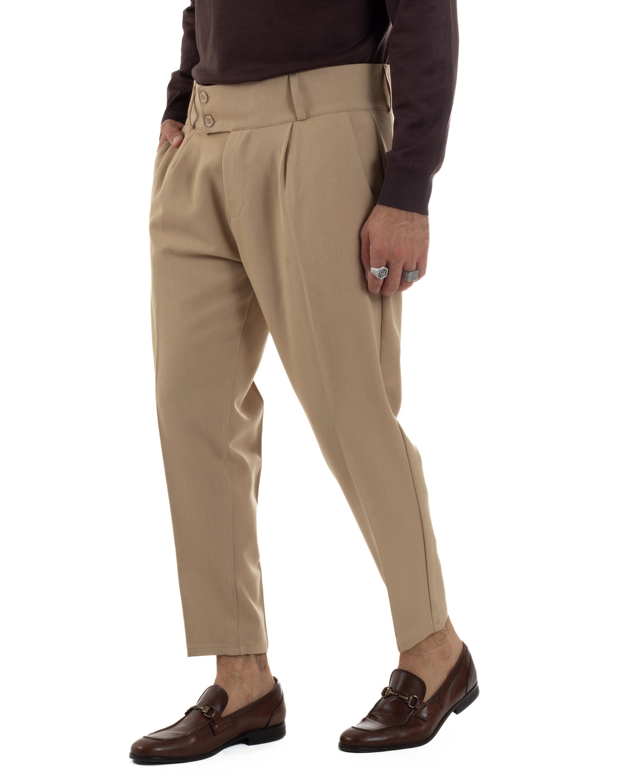 Pantaloni Uomo Viscosa Vita Alta Con Pinces Classico Casual Beige P6376A