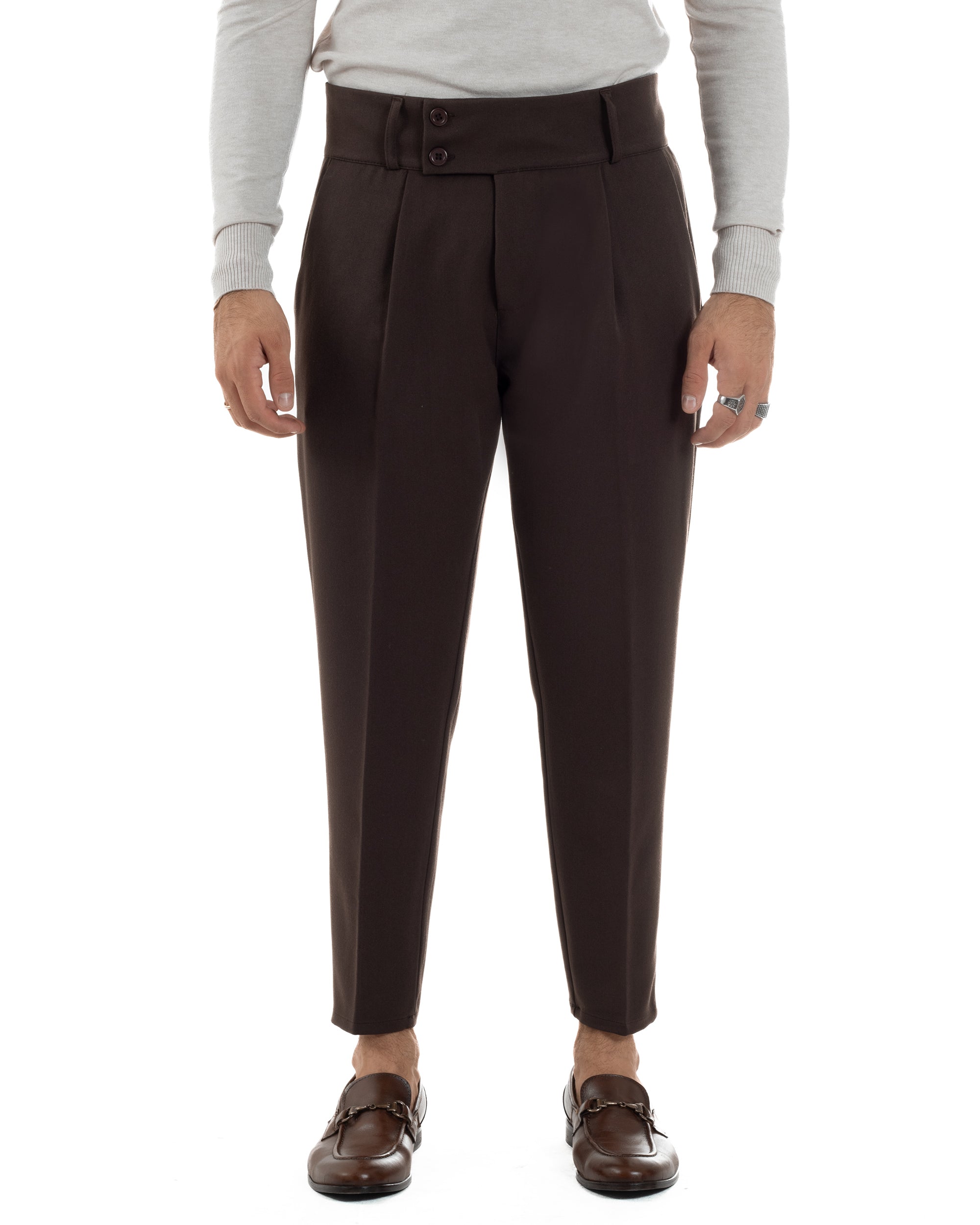 Pantaloni Uomo Viscosa Vita Alta Con Pinces Classico Casual Marrone P6377A