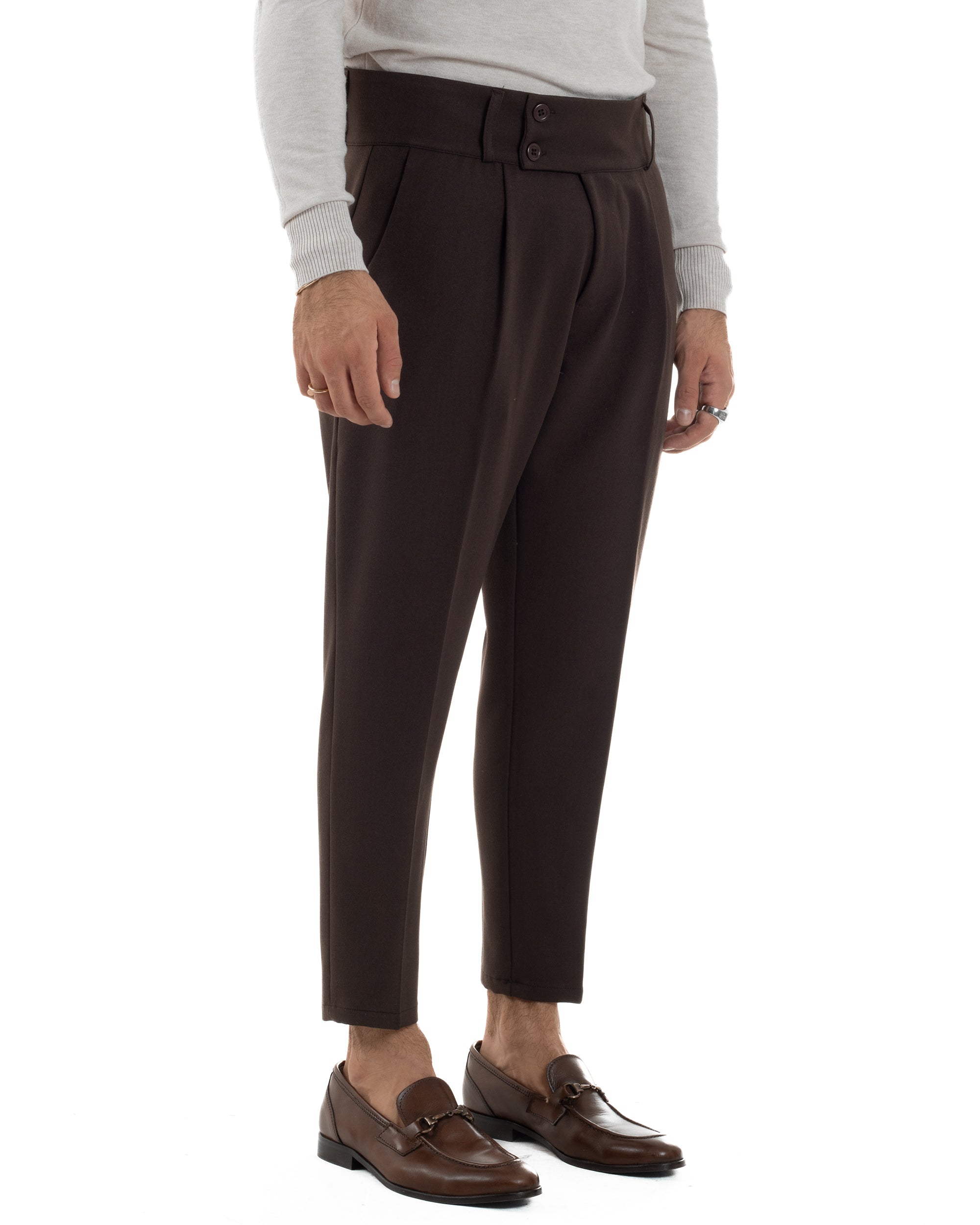 Pantaloni Uomo Viscosa Vita Alta Con Pinces Classico Casual Marrone P6377A