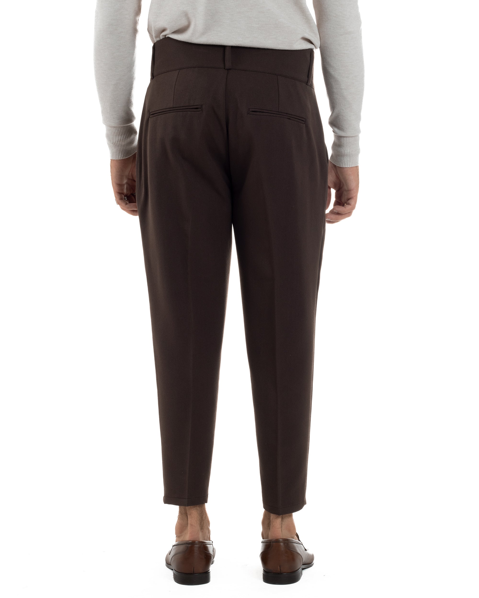 Pantaloni Uomo Viscosa Vita Alta Con Pinces Classico Casual Marrone P6377A