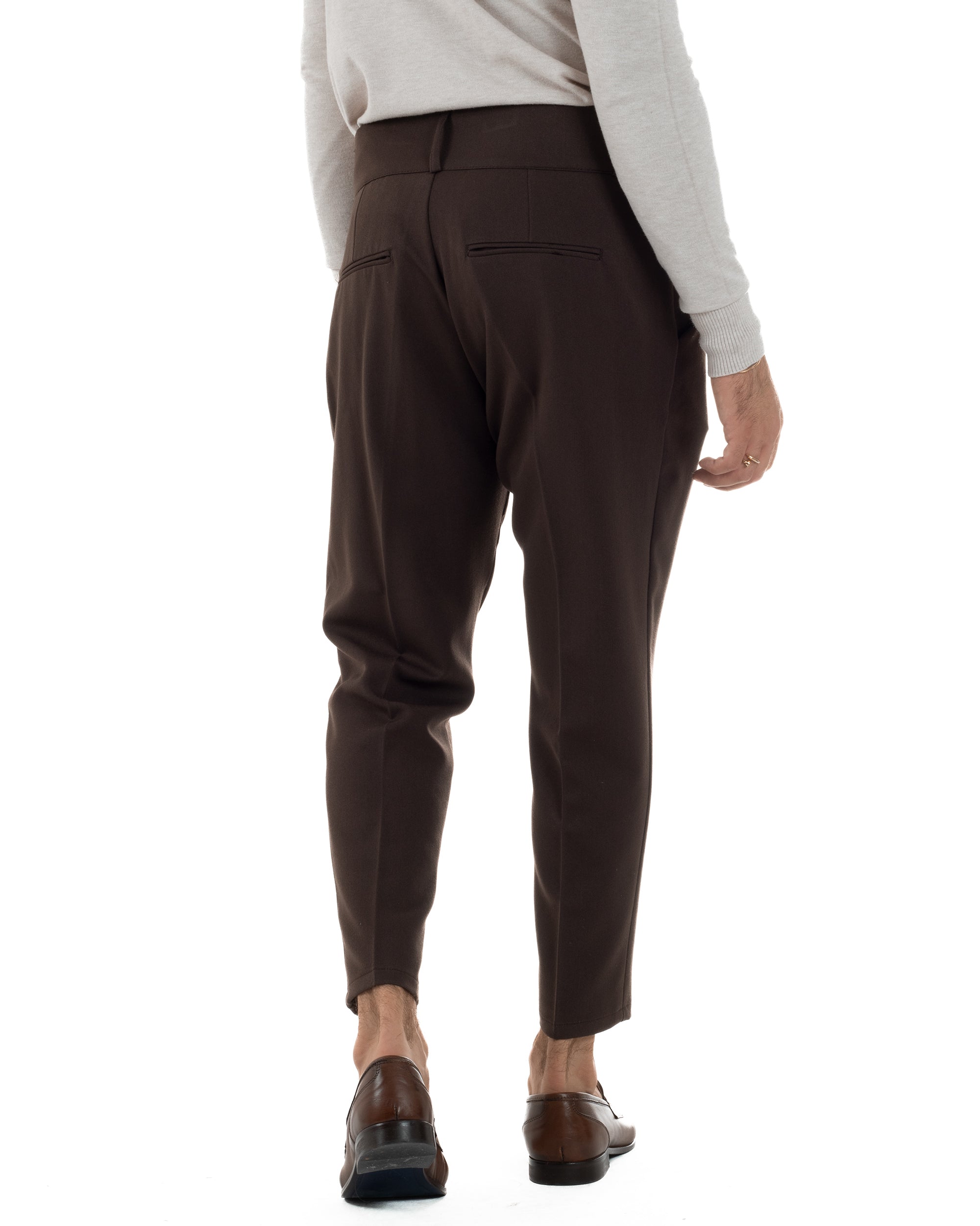 Pantaloni Uomo Viscosa Vita Alta Con Pinces Classico Casual Marrone P6377A