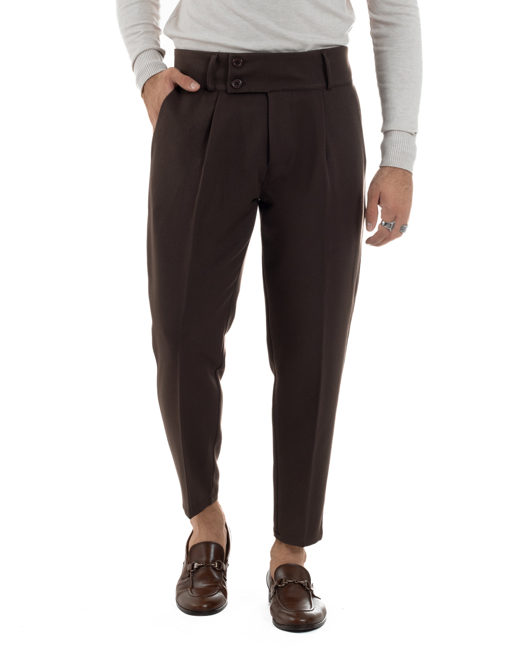 Pantaloni Uomo Viscosa Vita Alta Con Pinces Classico Casual Marrone P6377A
