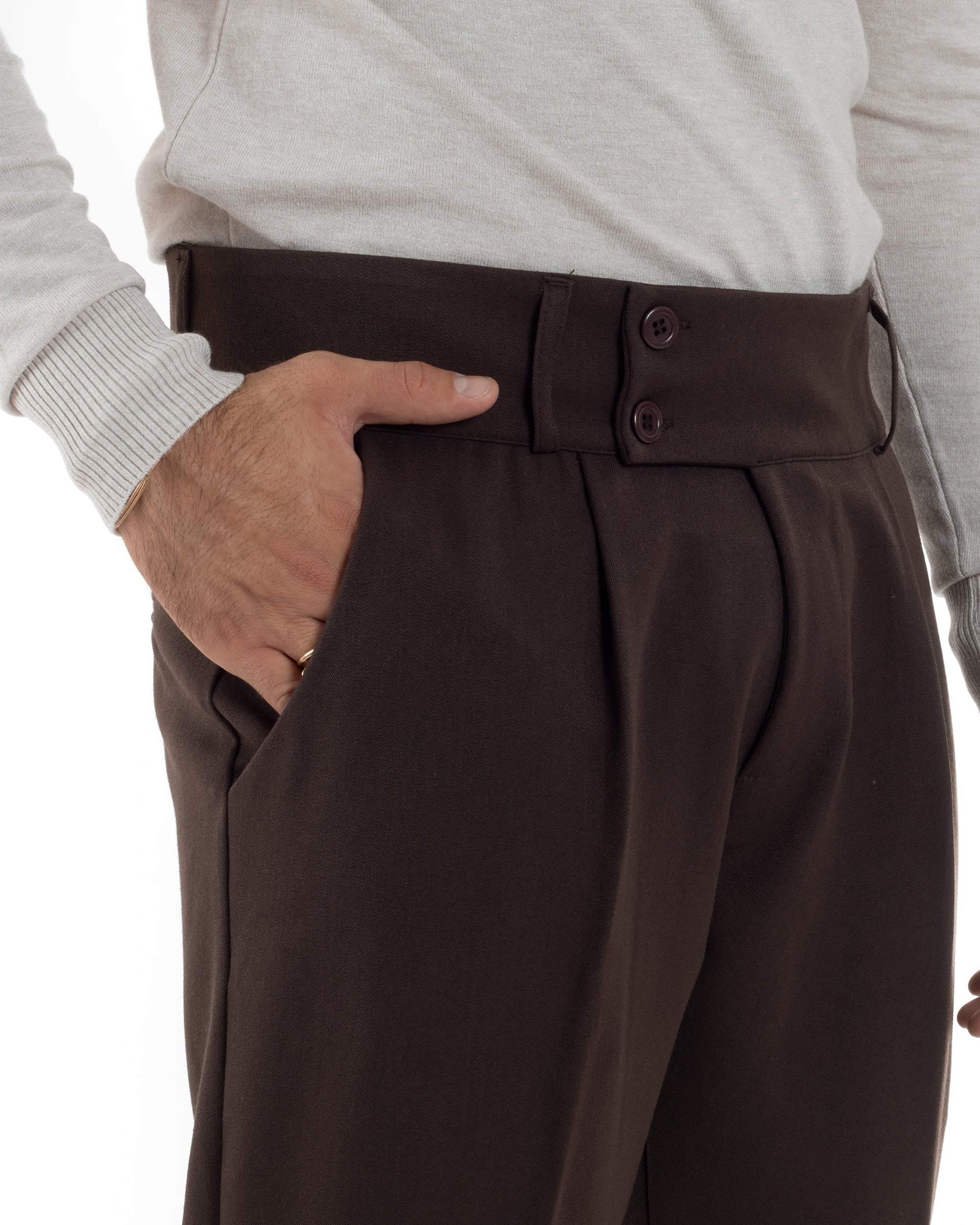 Pantaloni Uomo Viscosa Vita Alta Con Pinces Classico Casual Marrone P6377A