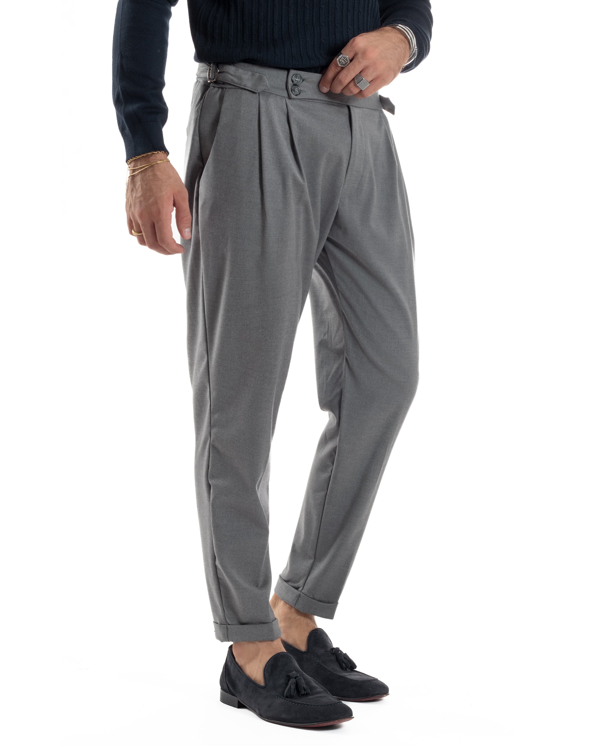 Pantaloni Uomo Viscosa Fibbia Abbottonatura Allungata Gurkha Pants Grigio BlackSunday P6378A