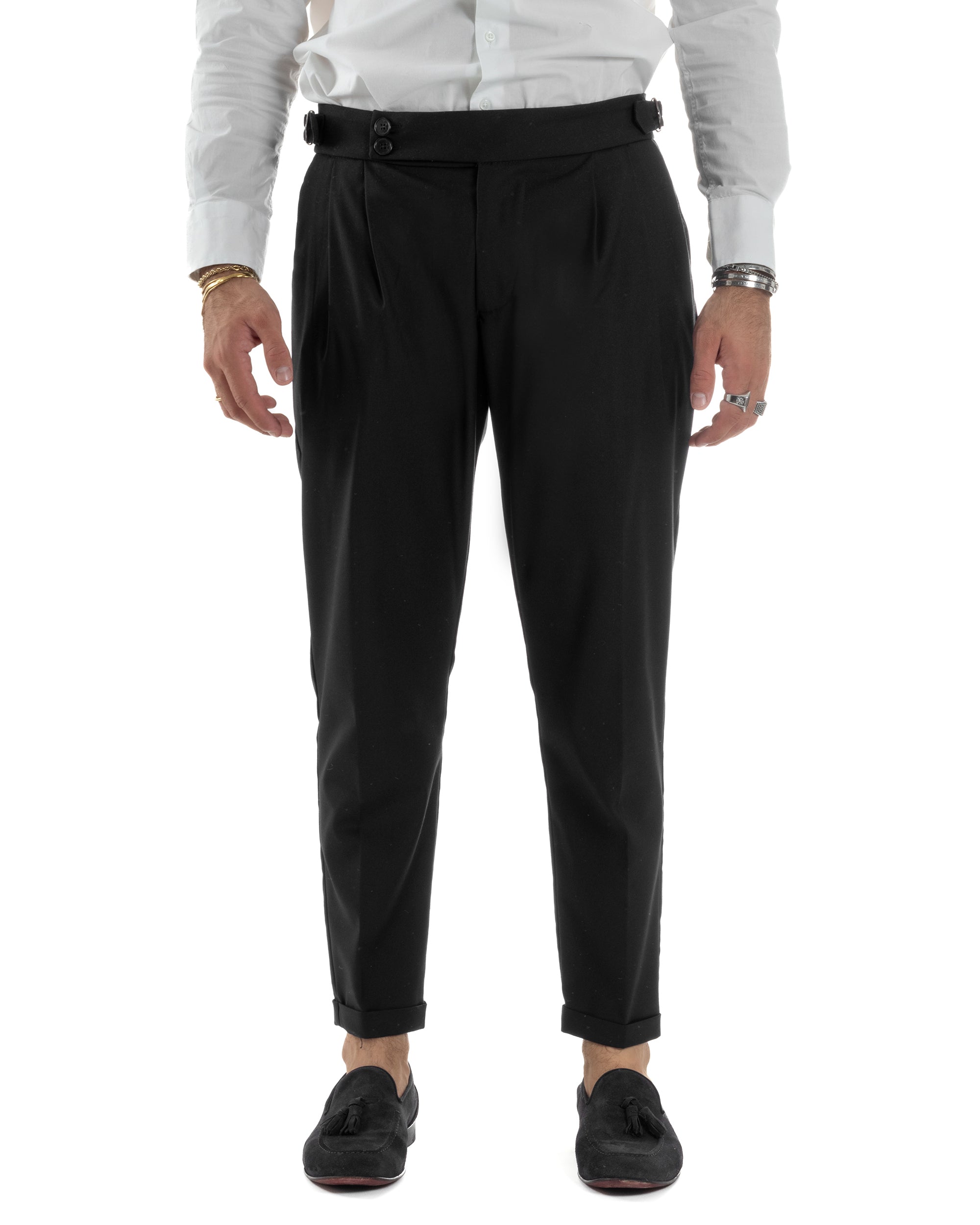 Pantaloni Uomo Viscosa Fibbia Abbottonatura Allungata Gurkha Pants Nero BlackSunday P6379A
