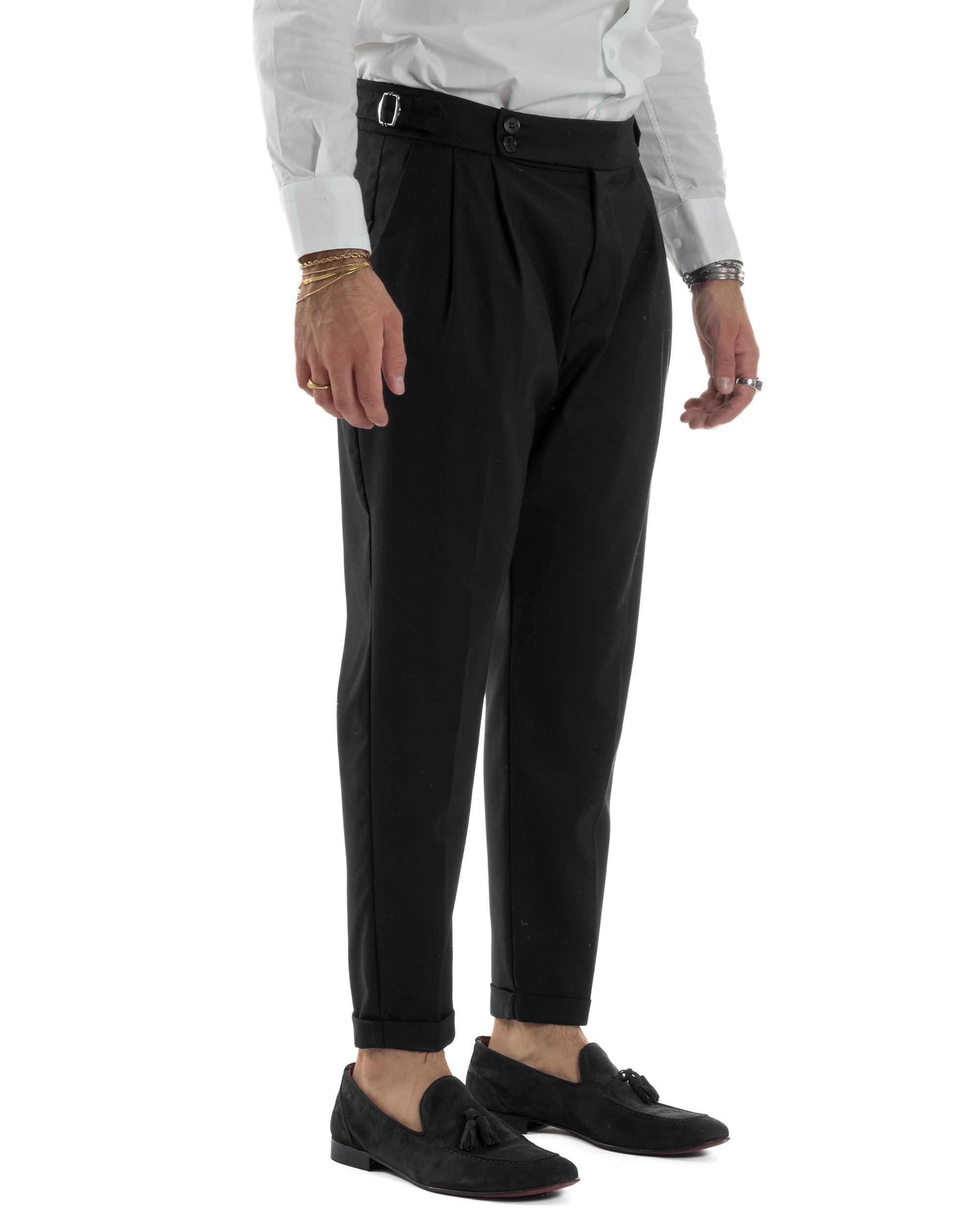 Pantaloni Uomo Viscosa Fibbia Abbottonatura Allungata Gurkha Pants Nero BlackSunday P6379A