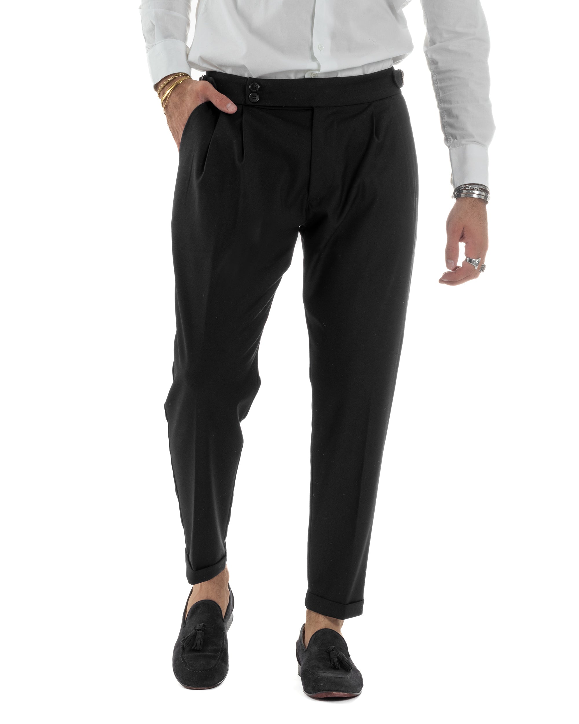 Pantaloni Uomo Viscosa Fibbia Abbottonatura Allungata Gurkha Pants Nero BlackSunday P6379A