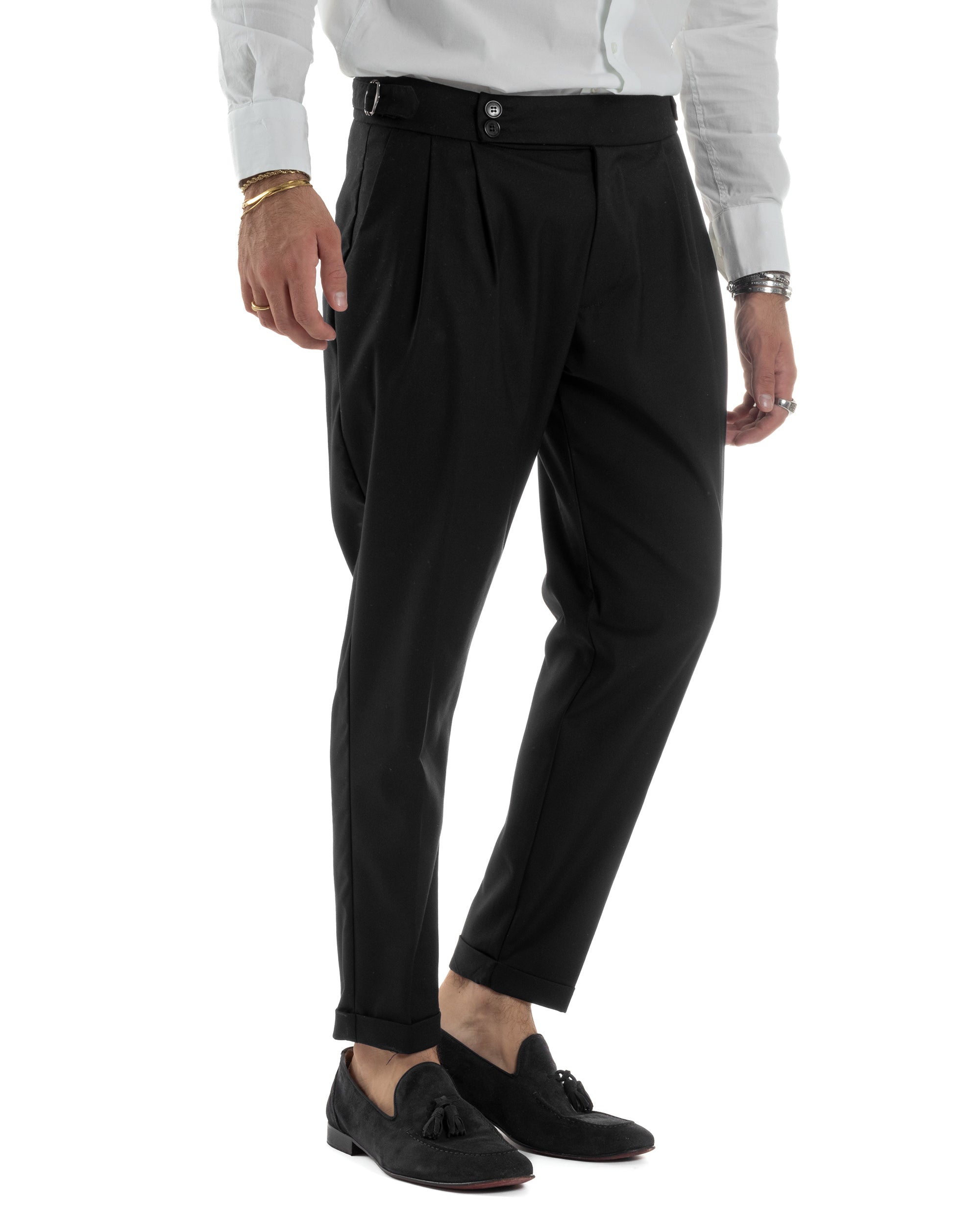 Pantaloni Uomo Viscosa Fibbia Abbottonatura Allungata Gurkha Pants Nero BlackSunday P6379A