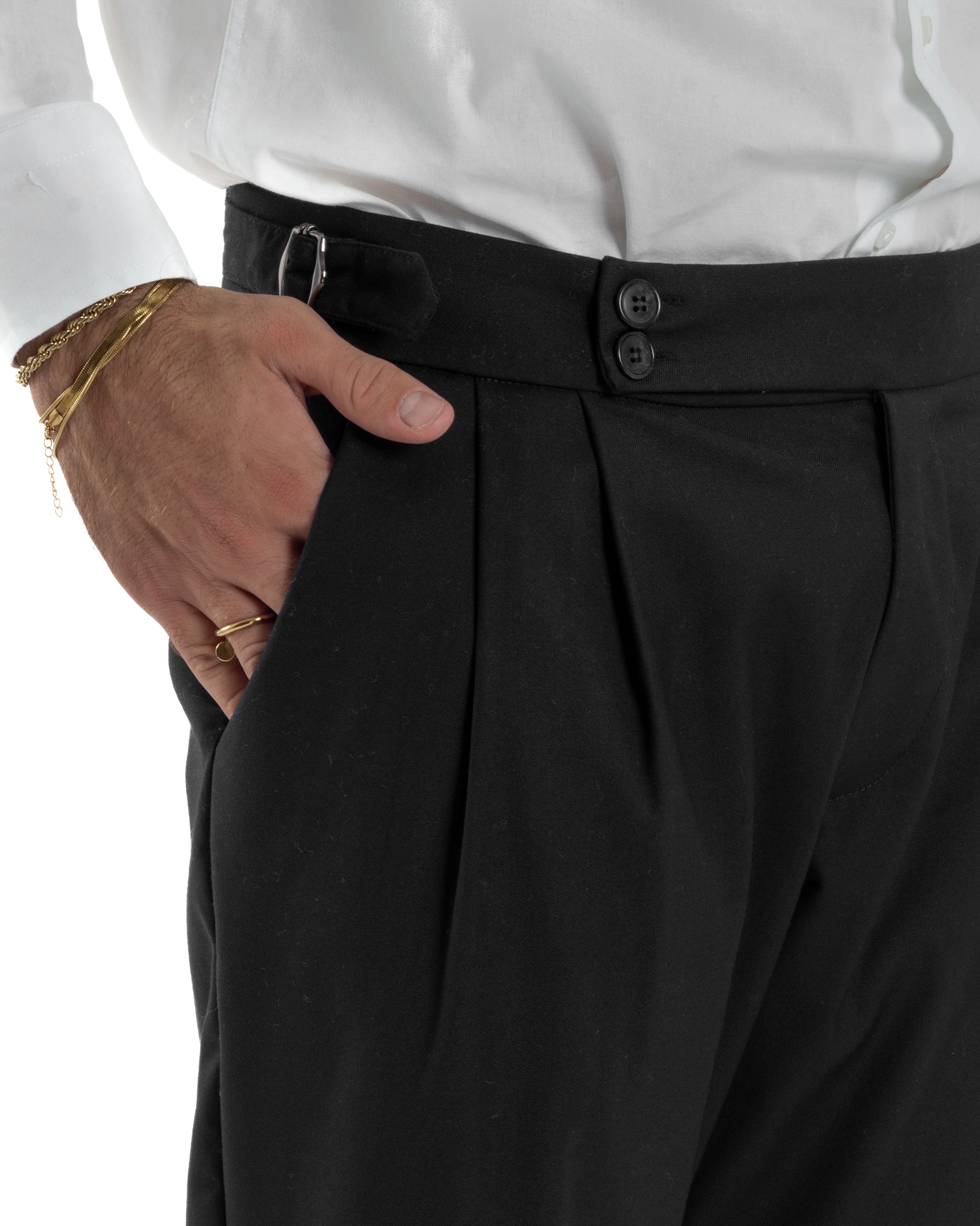 Pantaloni Uomo Viscosa Fibbia Abbottonatura Allungata Gurkha Pants Nero BlackSunday P6379A