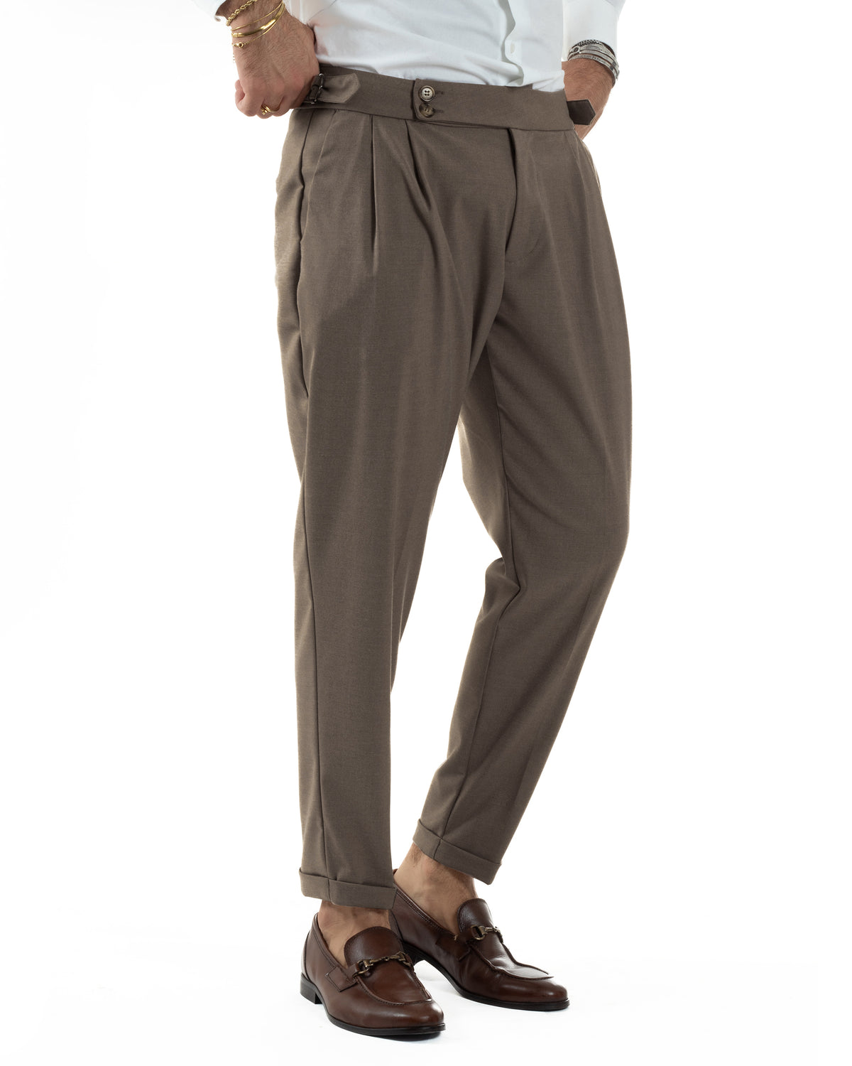 Pantalones de hombre de viscosa con hebilla y abotonadura alargada, pantalones Gurkha marrones BlackSunday P6380A