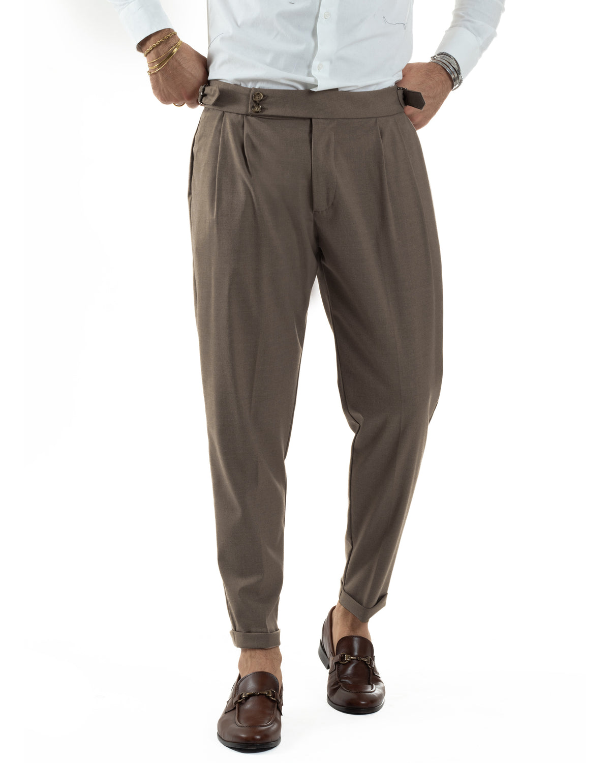 Pantalones de hombre de viscosa con hebilla y abotonadura alargada, pantalones Gurkha marrones BlackSunday P6380A