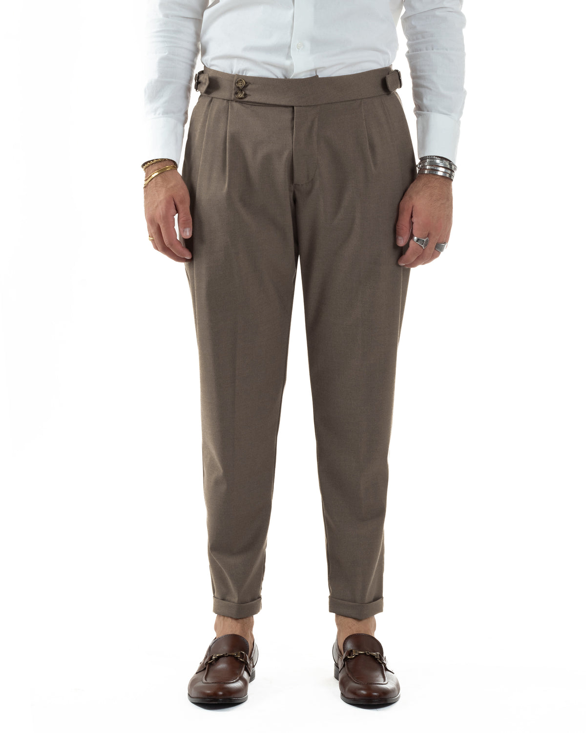 Pantalones de hombre de viscosa con hebilla y abotonadura alargada, pantalones Gurkha marrones BlackSunday P6380A