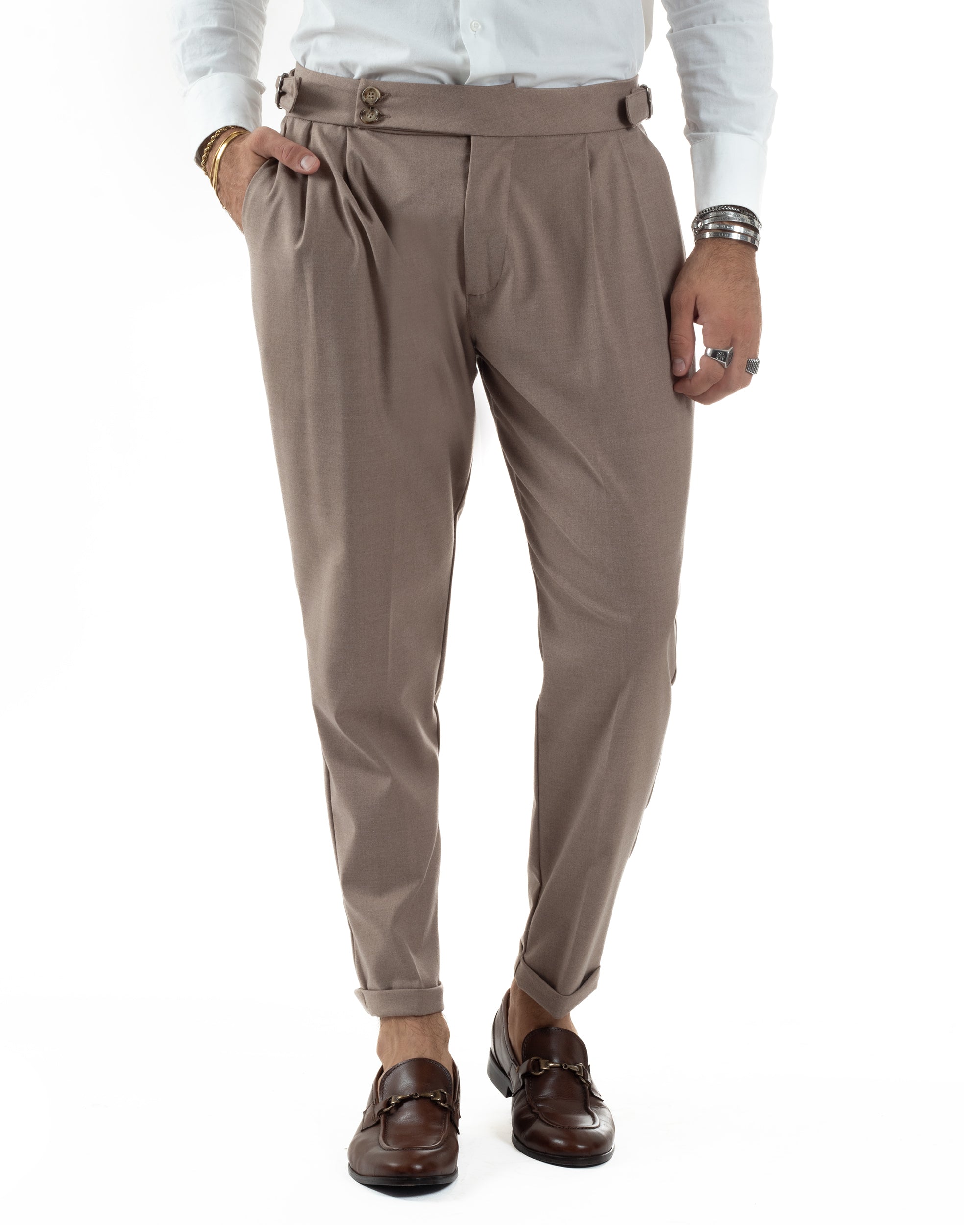 Pantaloni Uomo Viscosa Fibbia Abbottonatura Allungata Gurkha Pants Beige BlackSunday P6380A