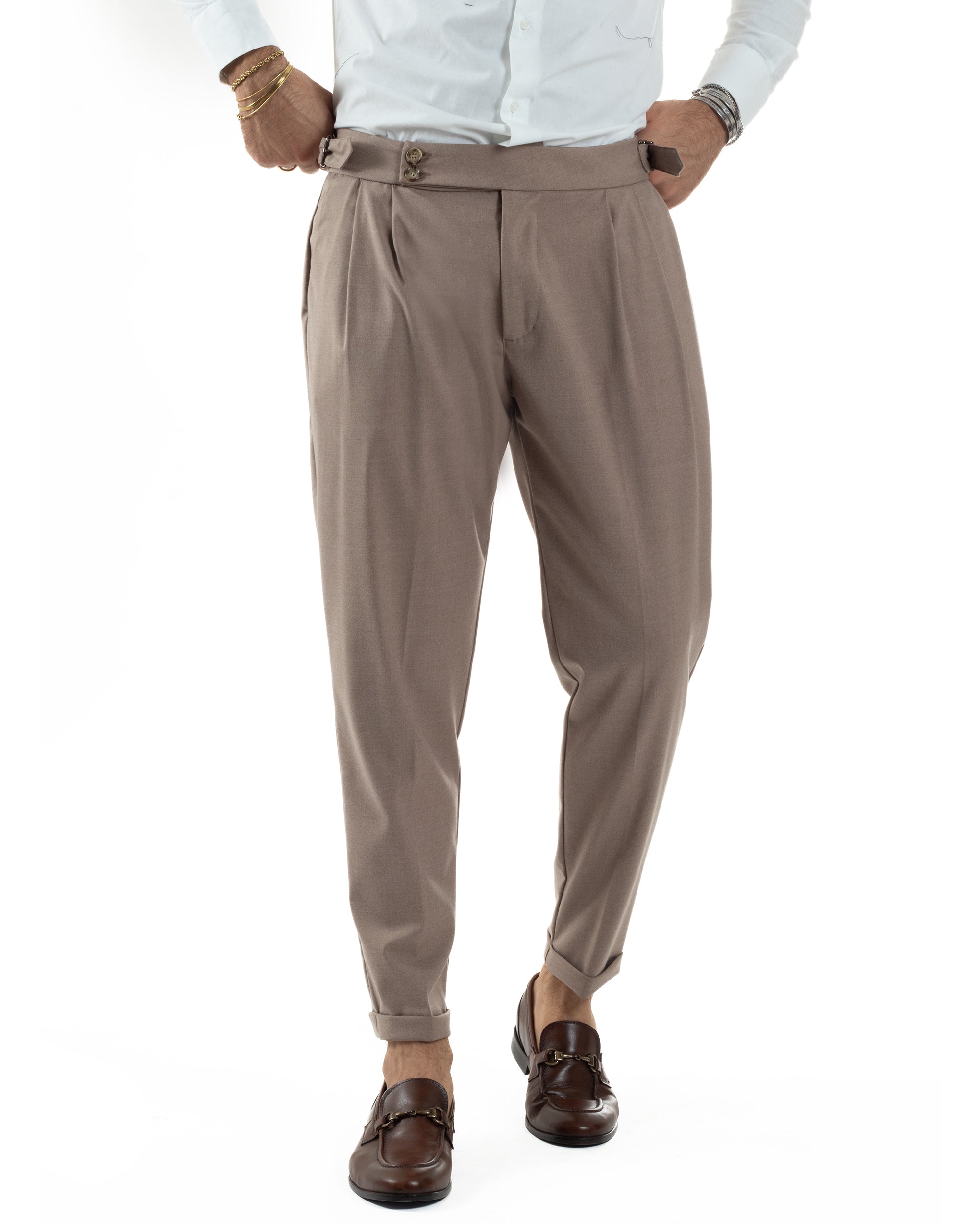 Pantaloni Uomo Viscosa Fibbia Abbottonatura Allungata Gurkha Pants Beige BlackSunday P6380A