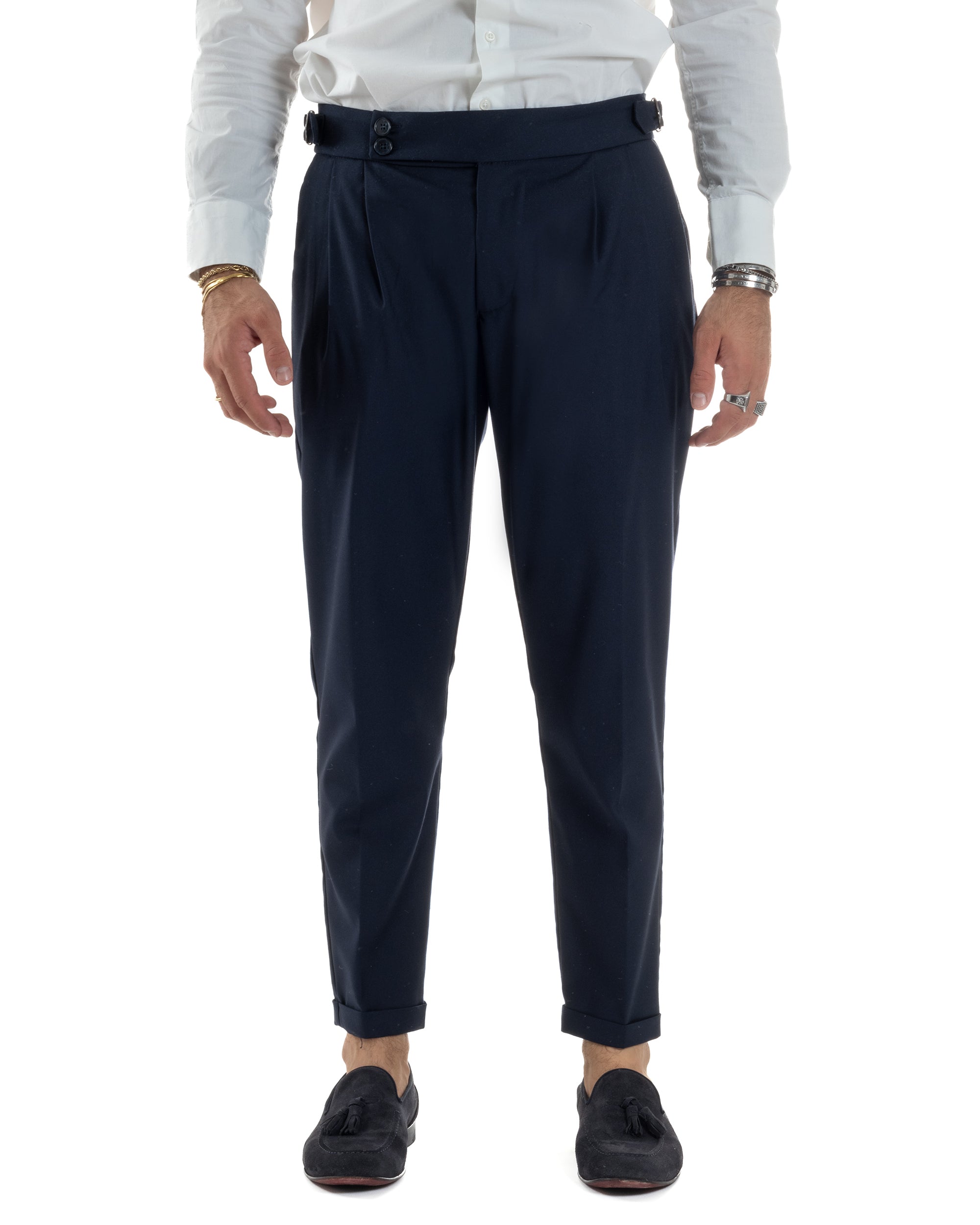 Pantaloni Uomo Viscosa Fibbia Abbottonatura Allungata Gurkha Pants Blu BlackSunday P6381A