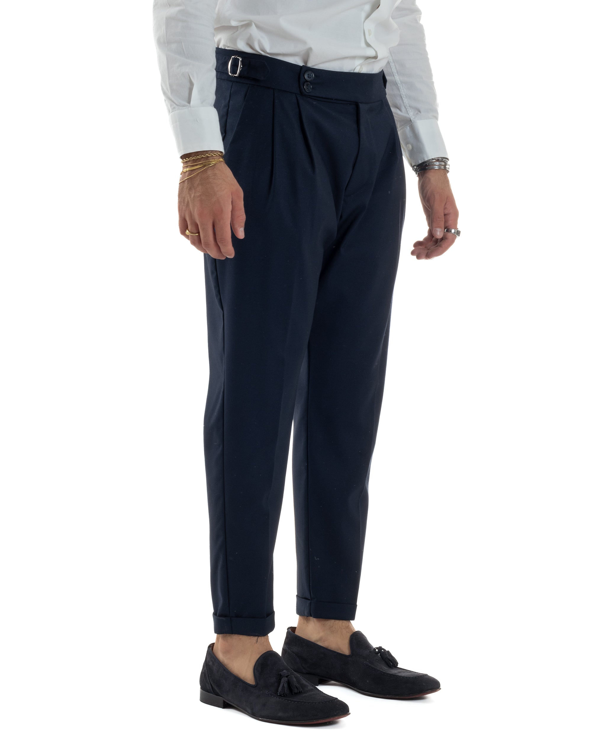 Pantaloni Uomo Viscosa Fibbia Abbottonatura Allungata Gurkha Pants Blu BlackSunday P6381A