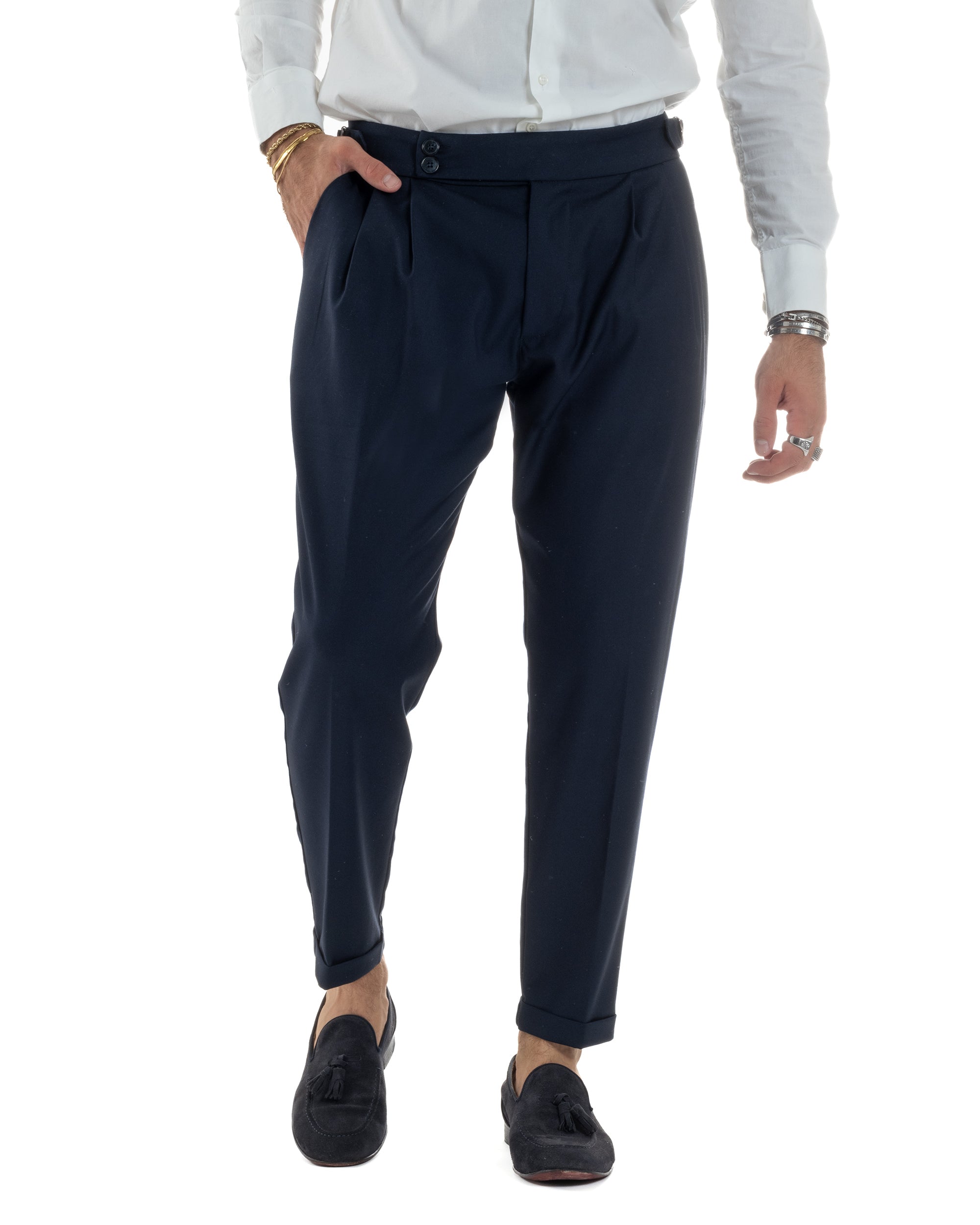 Pantaloni Uomo Viscosa Fibbia Abbottonatura Allungata Gurkha Pants Blu BlackSunday P6381A