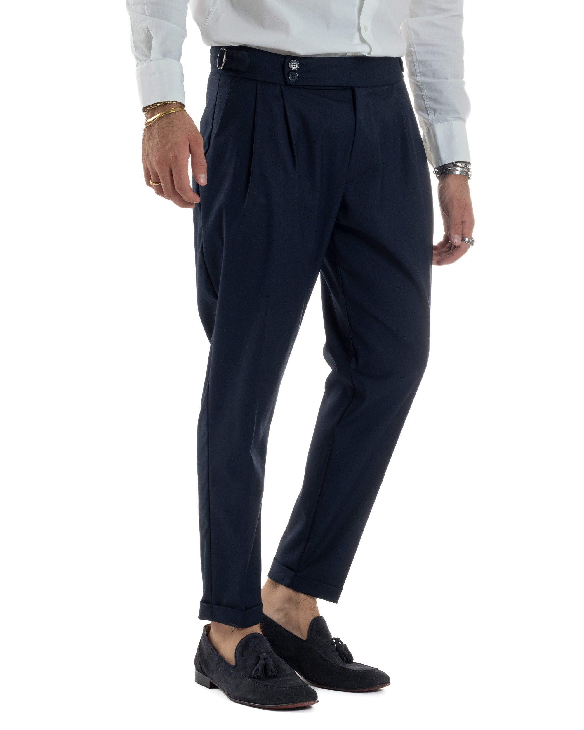 Pantaloni Uomo Viscosa Fibbia Abbottonatura Allungata Gurkha Pants Blu BlackSunday P6381A