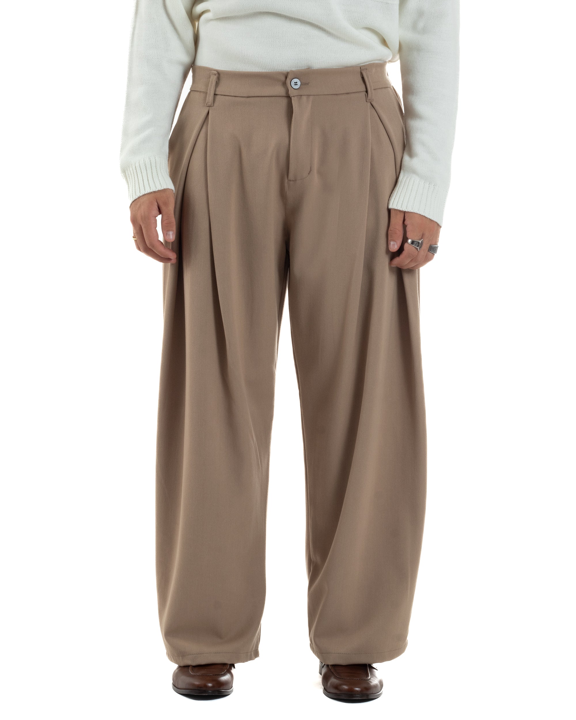 Pantaloni Uomo Viscosa Baggy Wide Fit Pinces Beige P6382A