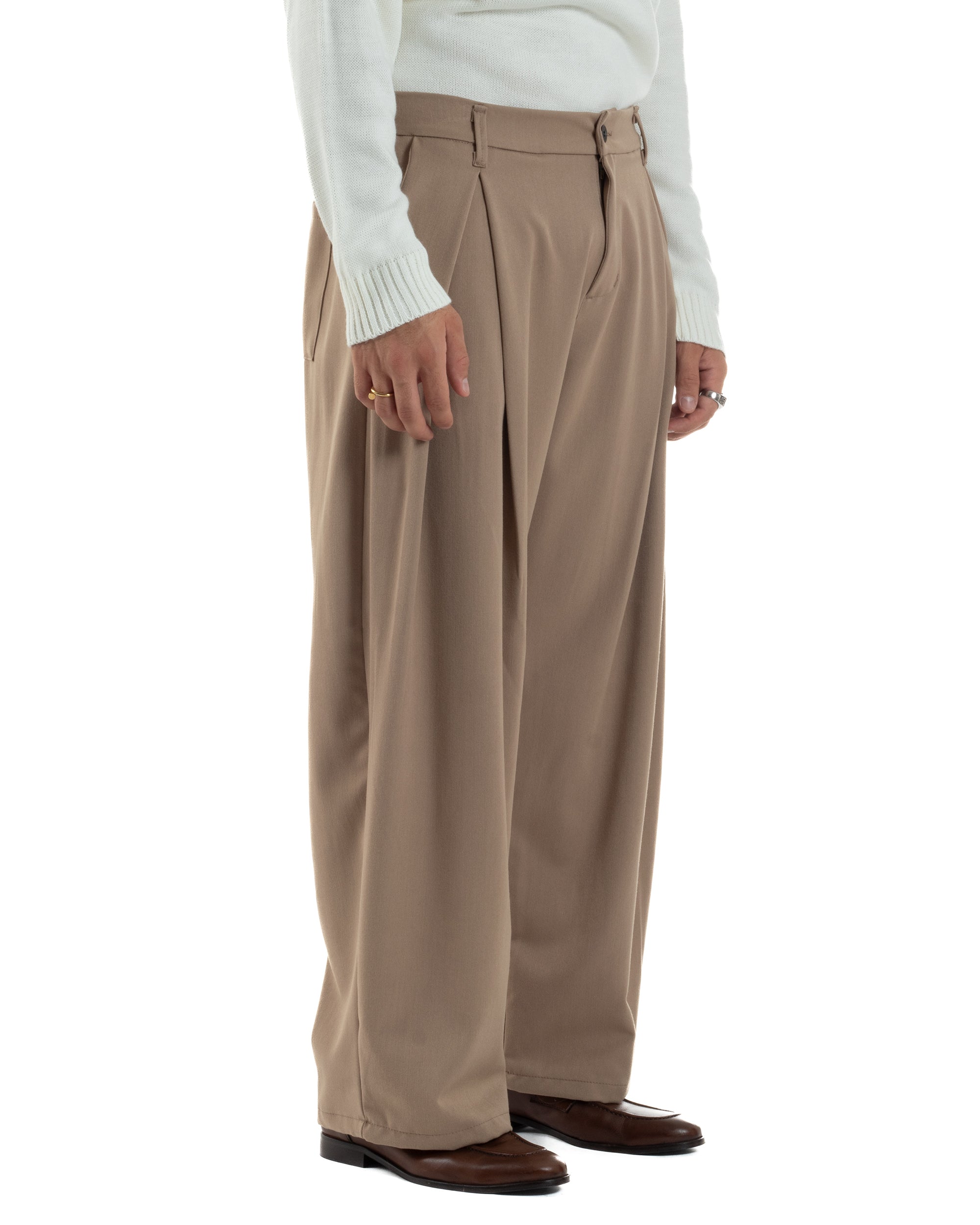 Pantaloni Uomo Viscosa Baggy Wide Fit Pinces Beige P6382A