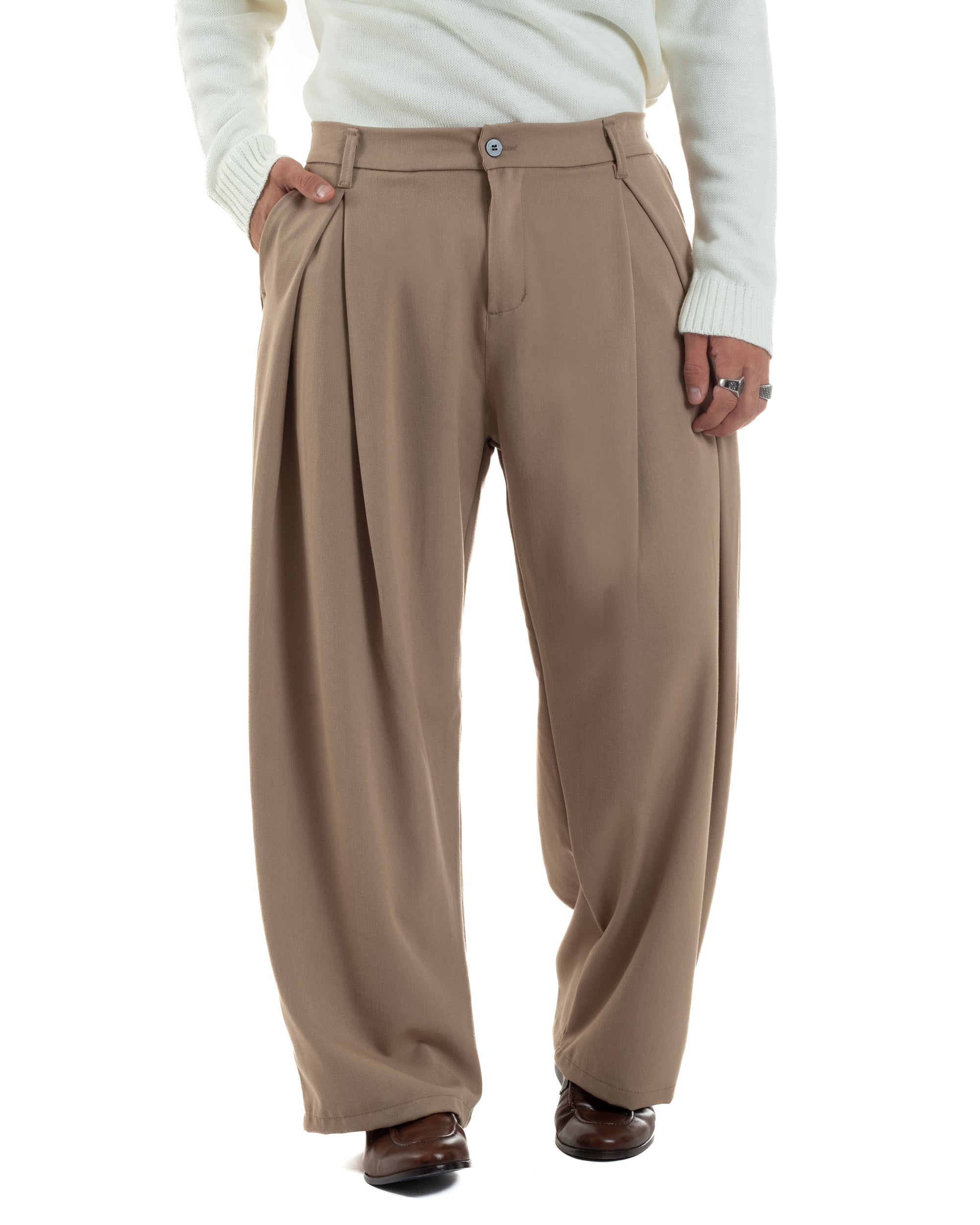 Pantaloni Uomo Viscosa Baggy Wide Fit Pinces Beige P6382A