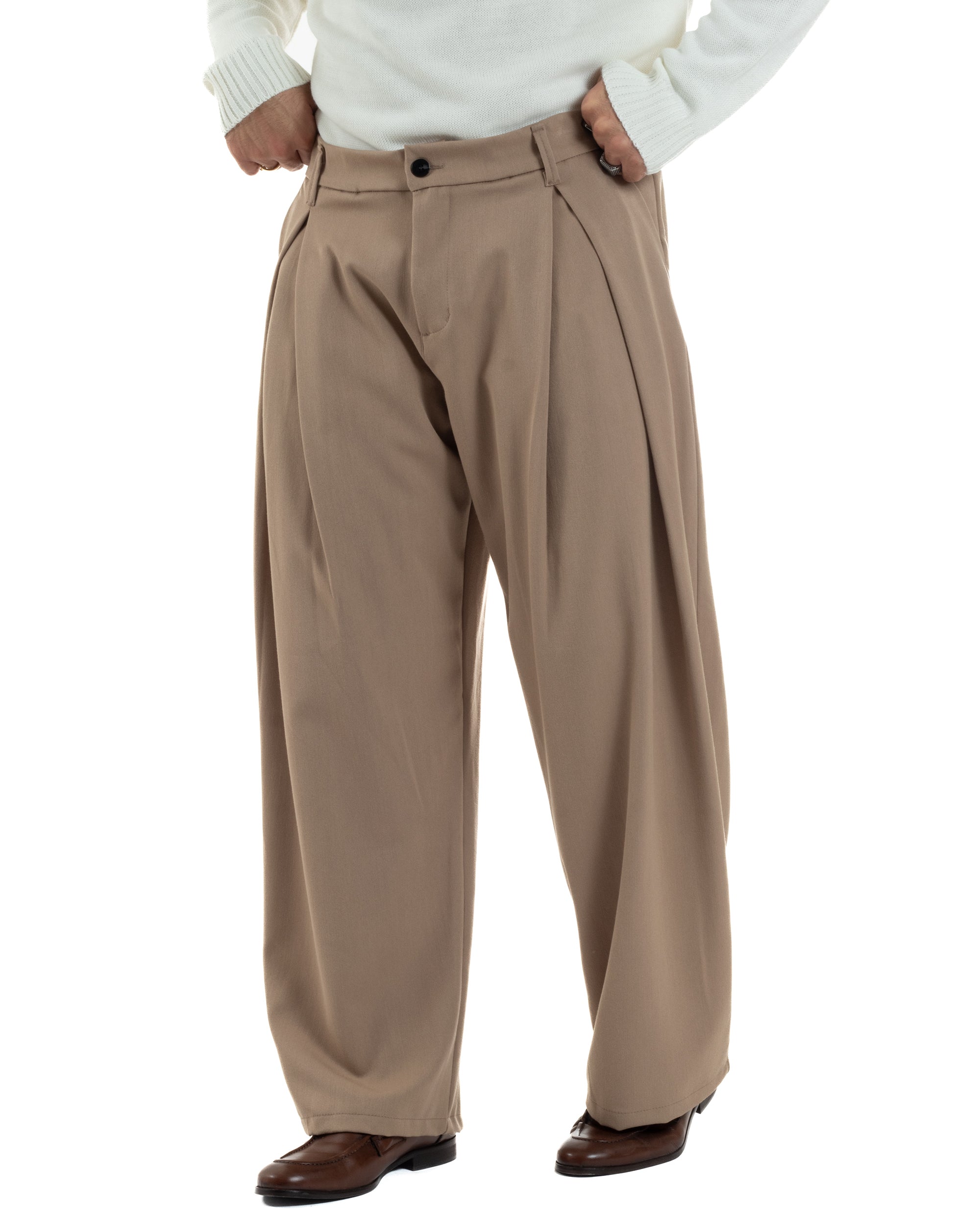 Pantaloni Uomo Viscosa Baggy Wide Fit Pinces Beige P6382A