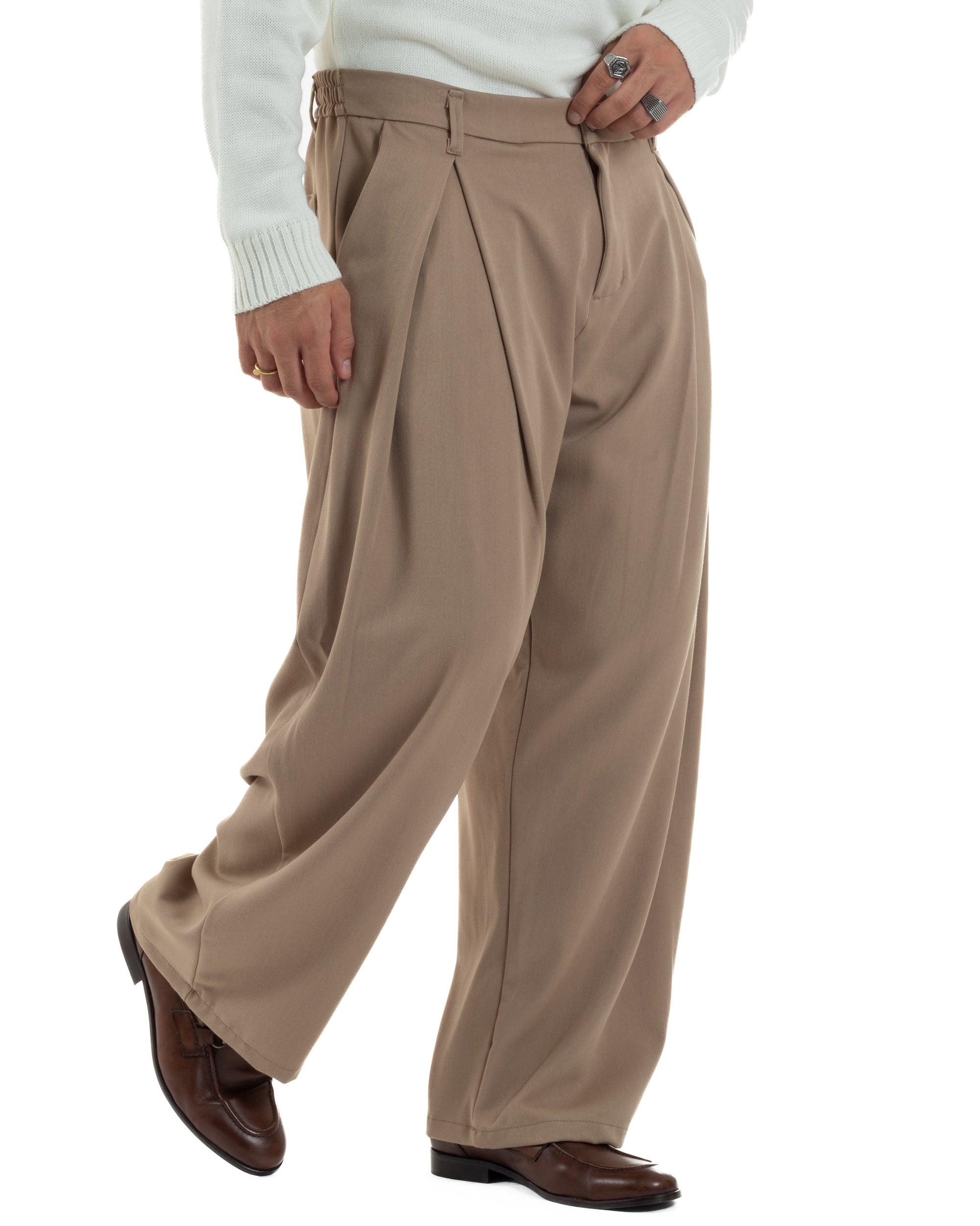 Pantaloni Uomo Viscosa Baggy Wide Fit Pinces Beige P6382A