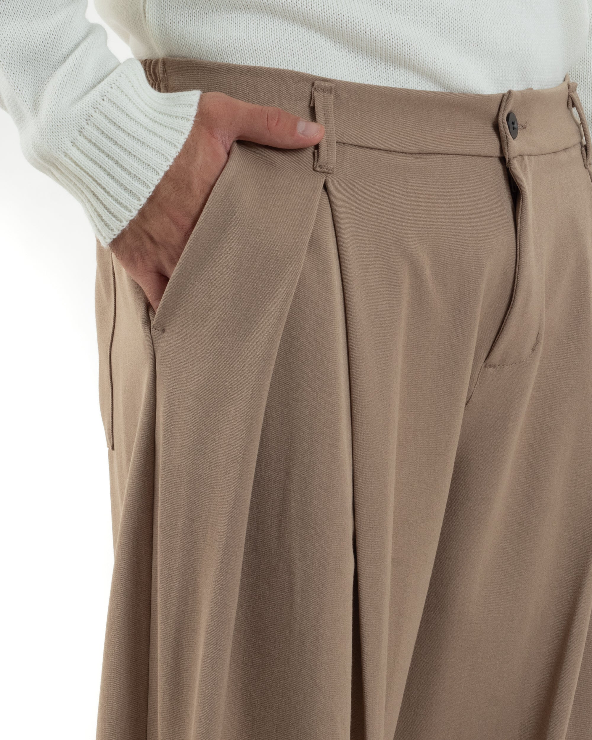Pantaloni Uomo Viscosa Baggy Wide Fit Pinces Beige P6382A
