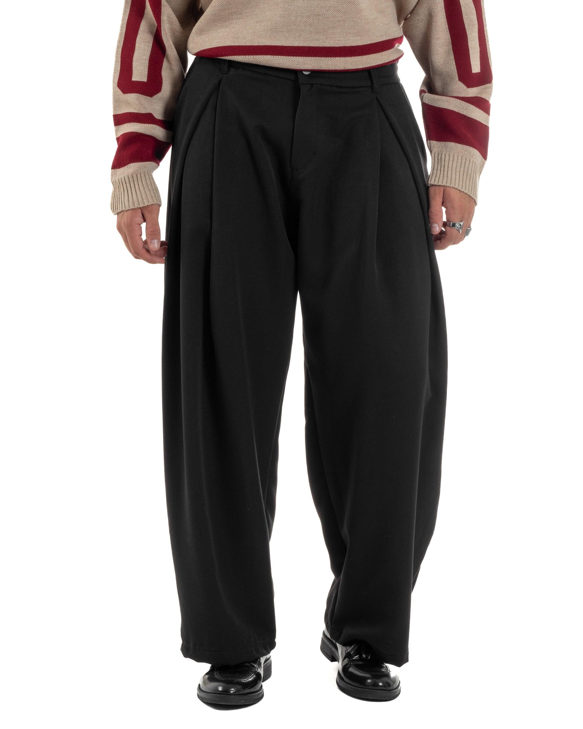 Pantaloni Uomo Viscosa Baggy Wide Fit Pinces Nero P6383A